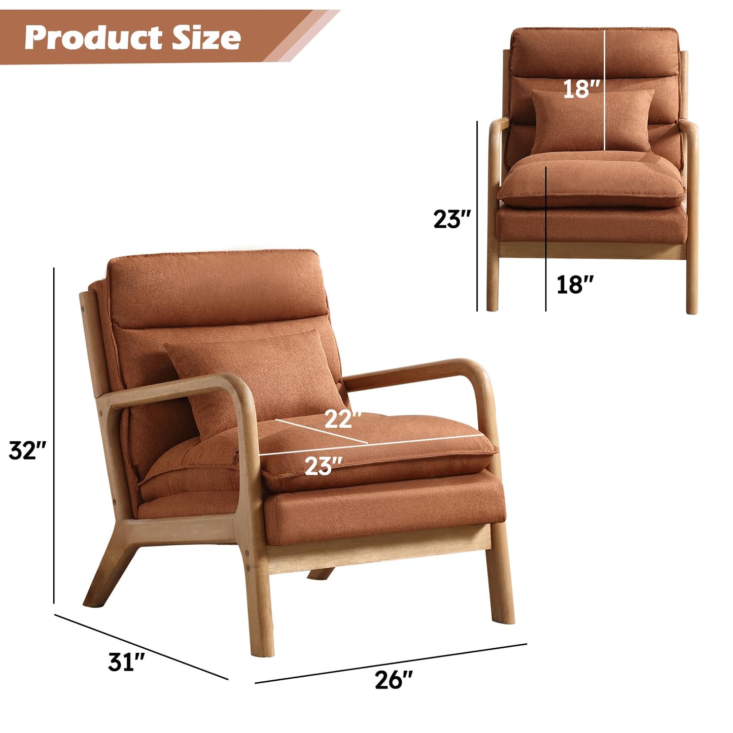 IOMOR Mid Century Modern Accent Chair, Upholstered Lounge Armchair with Plump Back Pillow, Comfy Reading Chair with Solid Wood Frame for Bedroom Living Room, Brown