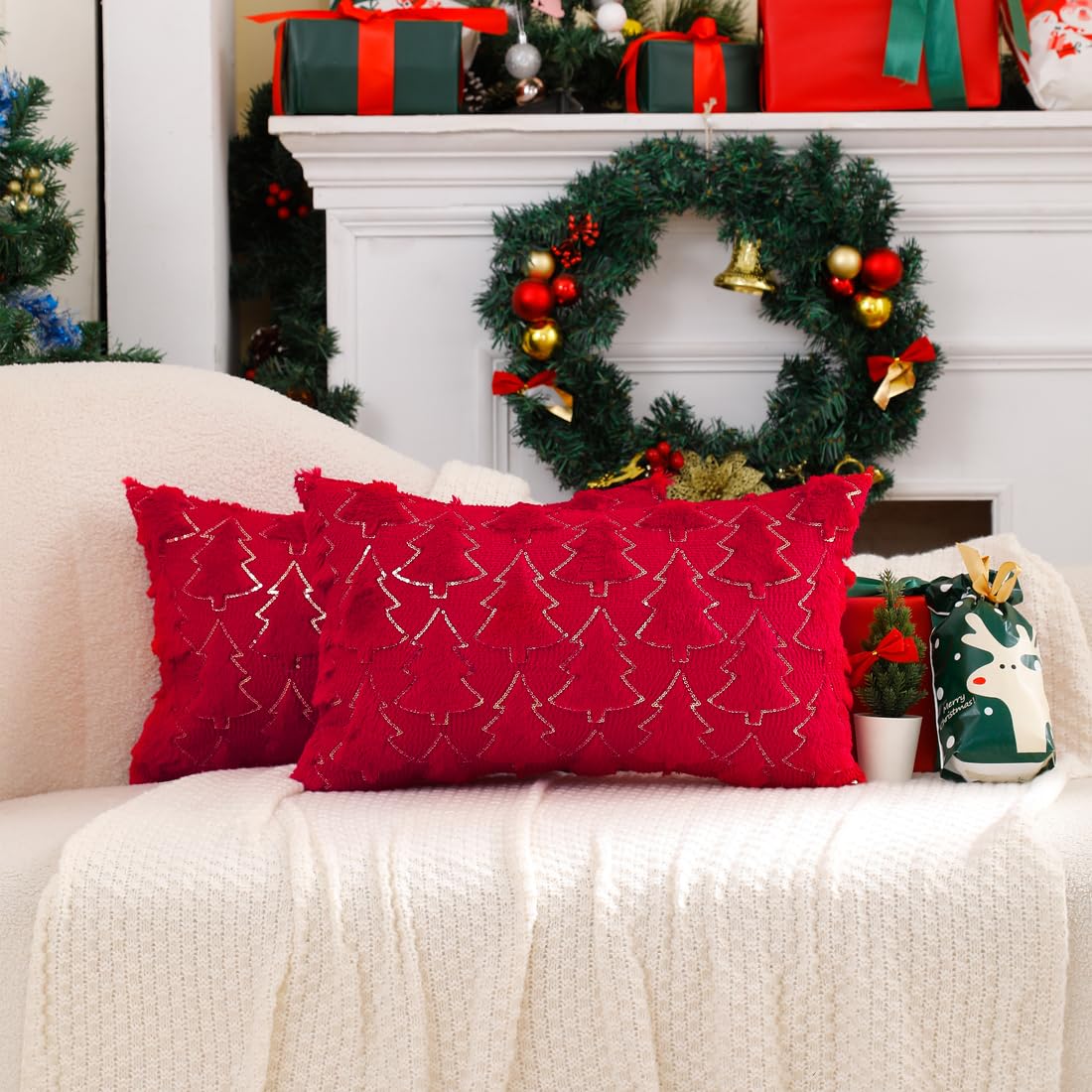 VAKADO Christmas Throw Pillow Covers 18x18 Set of 2 Embroidered Decorative Xmas Couch Cushion Cases Holiday Soft Home Decor for Bedroom Sofa Chair Porch Winter, Cream