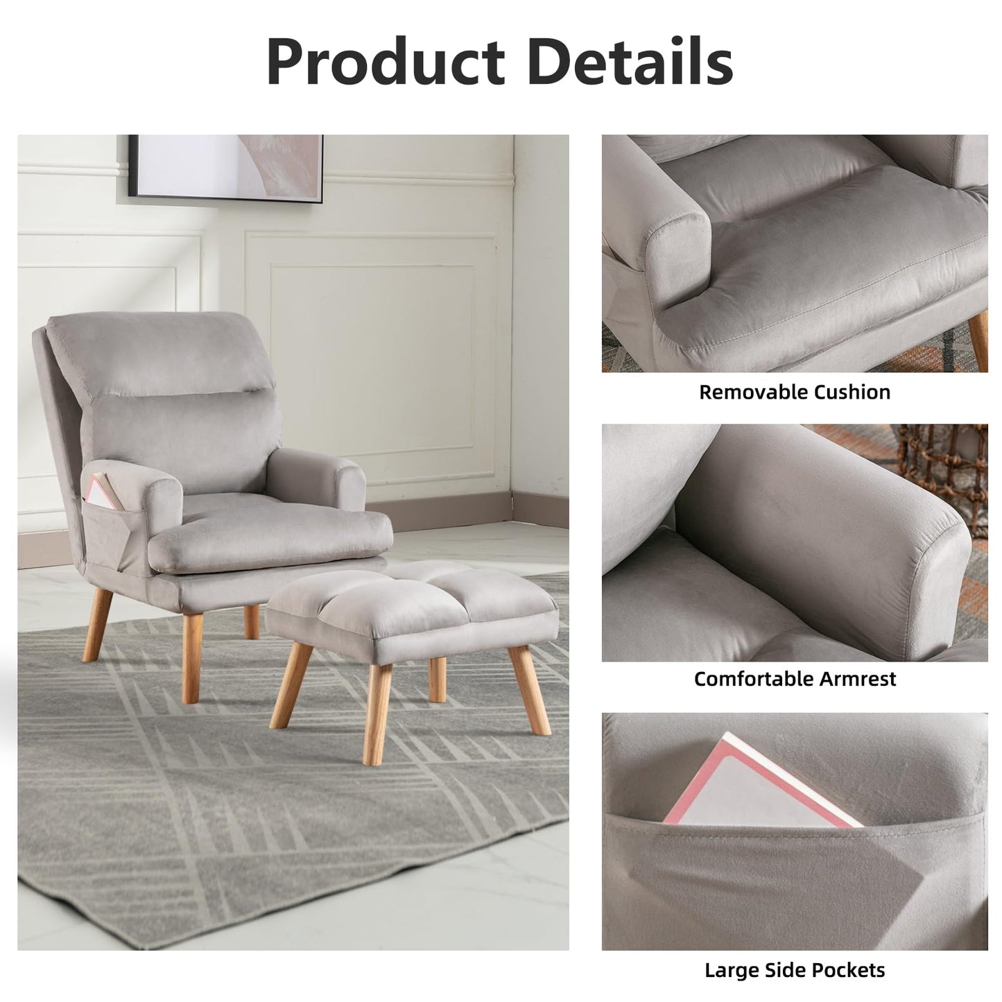 IOMOR Accent Chair with Ottoman Comfy Reading Chair Armchair with Adjustable Backrest and Side Pockets Soft Fabric Leisure Sofa for Bedroom, Living Room, Dorm Rooms, Garden, Beige
