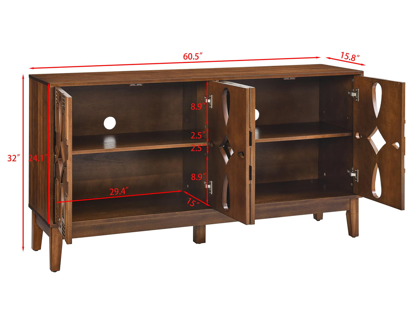 LKTART 60" Mid Century Modern Sideboard Buffet with Hollow Carved Doors and Outlet Holes,Vintage Accent Cabinet Credenzas Storage Cabinet Walnut