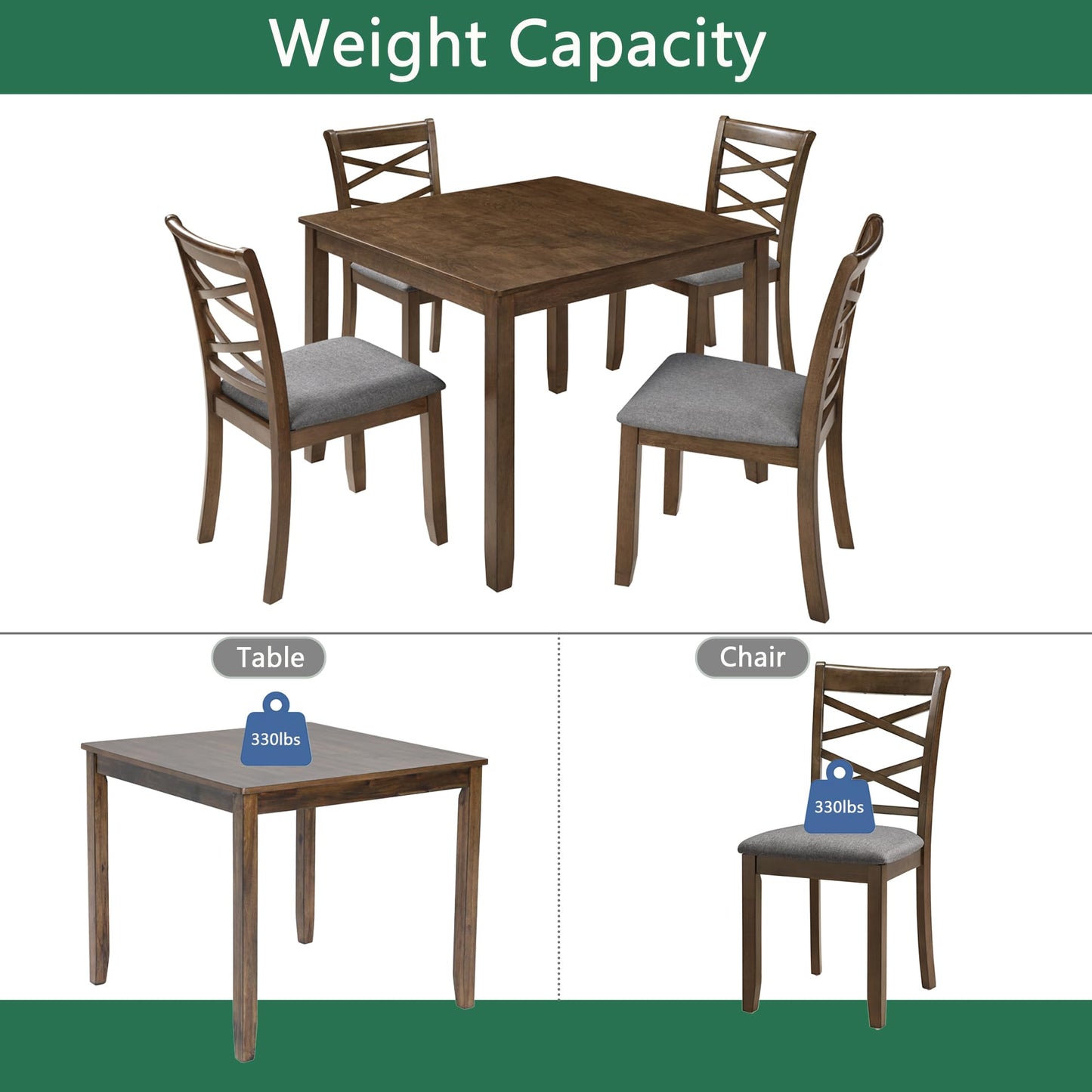LKTART 5-Piece Kitchen & Dining Room Table and Chairs Sets,Small Square Kitchen Table with 4 Upholstered XX-Shaped Backrest Chairs,Walnut