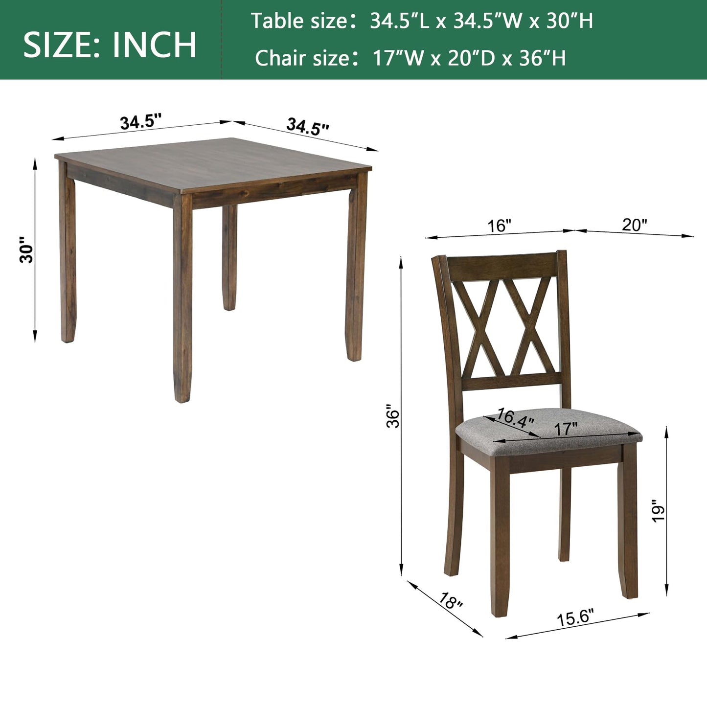 LKTART 5-Piece Kitchen & Dining Room Table and Chairs Sets,Small Square Kitchen Table with 4 Upholstered XX-Shaped Backrest Chairs,Walnut