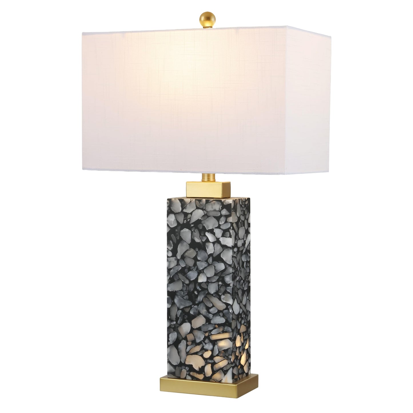 JONATHAN Y 24.25" Black/White Modern Alabaster LED Table Lamp for Home Decor, White Linen Shade, Coastal Nightstand Lamp with Built-in Base Accent Light (JYL8507A)