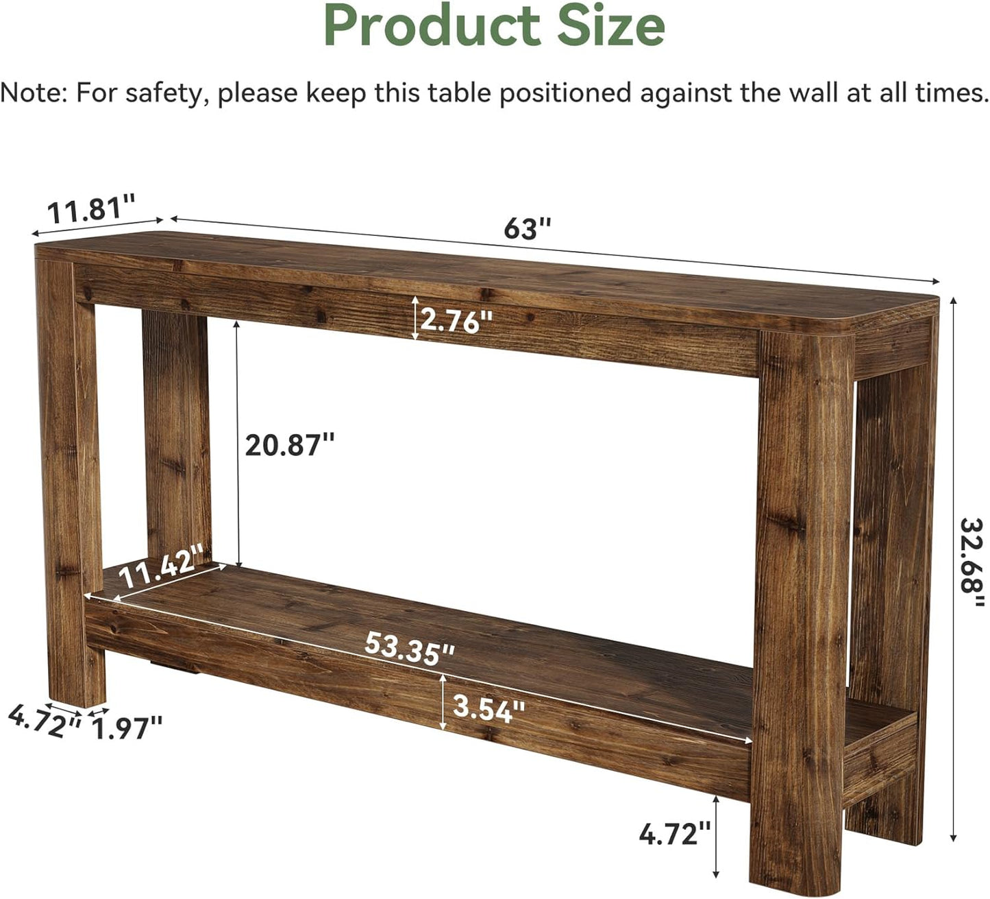 Solid Wood Console Table for Entryway, 63" Farmhouse Slim Sofa Table with 2-Tier Storage Shelf, Rustic Modern Narrow Hall Entry Furniture for Living Room, Entrance, Foyer, Hallway or Bedroom