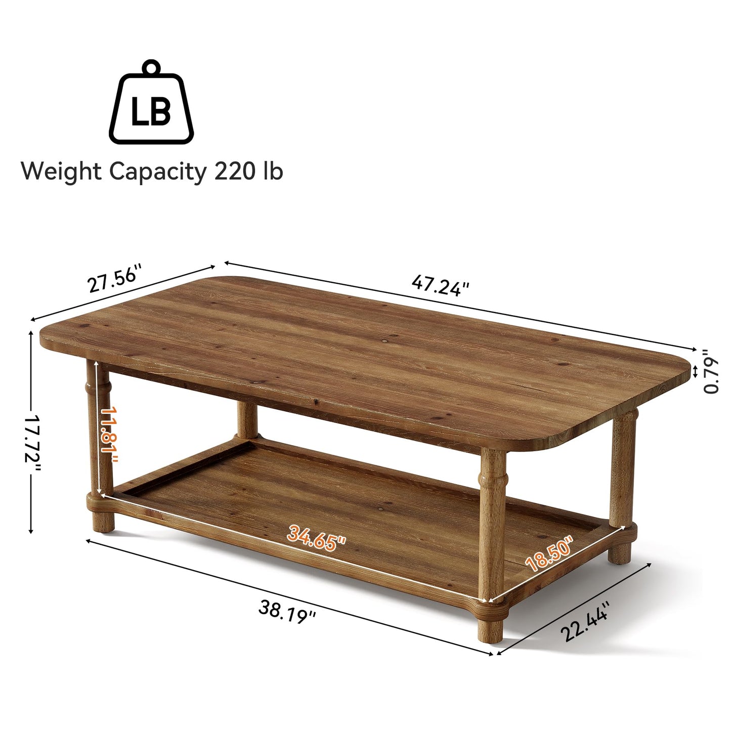 47" Rectangle Coffee Table, Solid Wood Center Table with 2-Tier Storage, Modern Farmhouse Coffee Furniture for Living Room, Home & Family Room, Light Brown