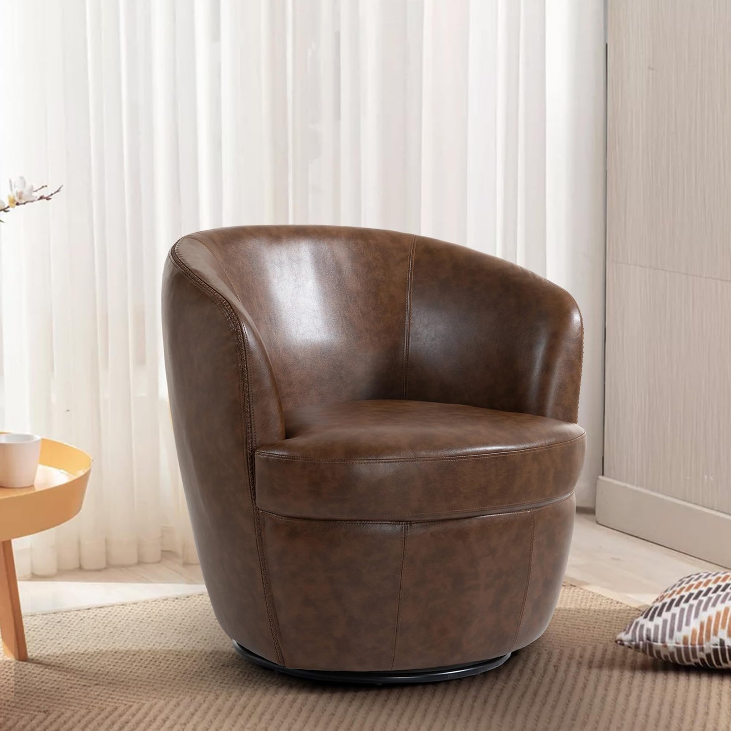 360° Swivel Barrel Accent Chair, Faux Leather Round Swivel Chair for Living Room, Comfy Upholstered Armchair Single Sofa Club Chair for Bedroom Reading Room, No Assembly Required - Light Brown