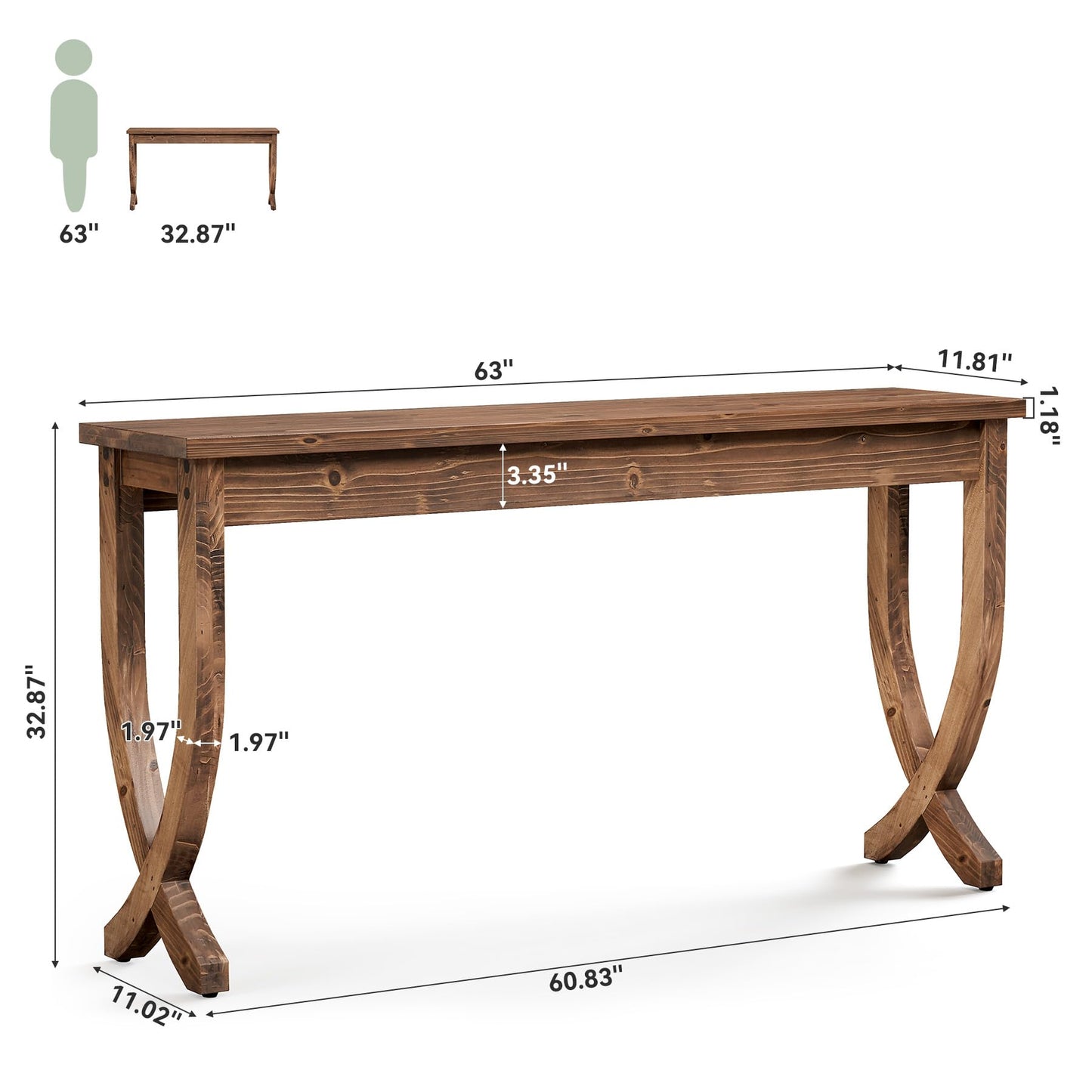 Solid Wood Console Table for Entryway, 63-Inch Narrow Long Sofa Table, Farmhouse Hallway Table for Living Room, Entrance, Foyer (Brown)