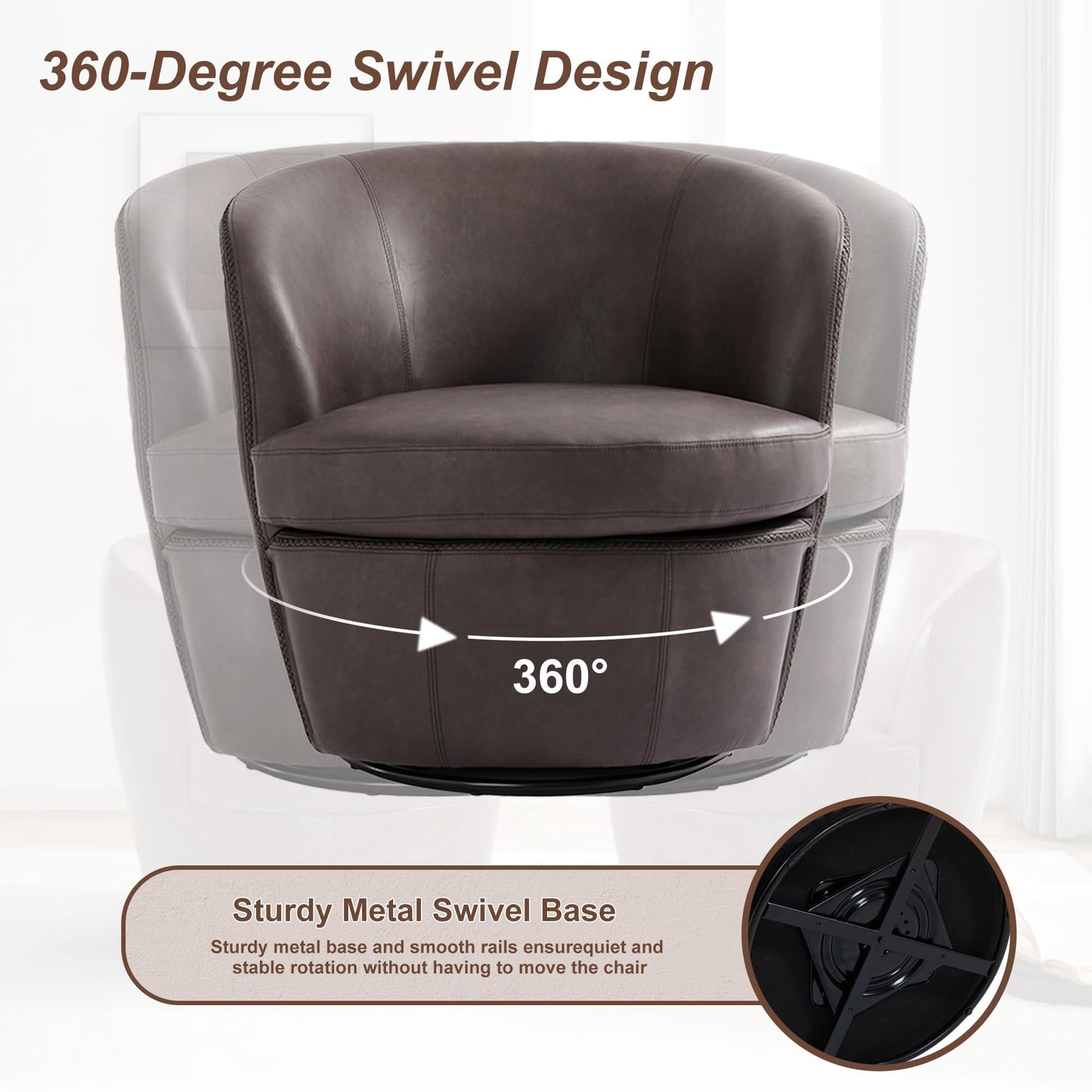 360° Swivel Barrel Accent Chair, Faux Leather Round Swivel Chair for Living Room, Comfy Upholstered Armchair Single Sofa Club Chair for Bedroom Reading Room, No Assembly Required - Light Brown