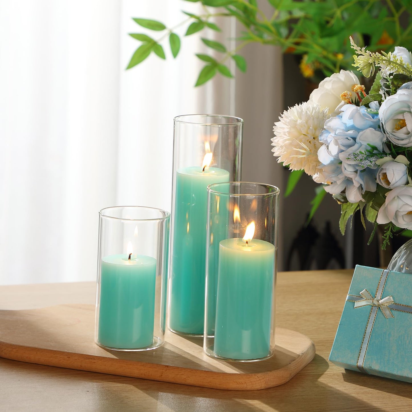 Shihanee Set of 3 Pillar Candles and 3 Glass Cylinder Candle Vases Holders Clear Pillar Jars for Wedding Centerpieces(3'' x 5.9'', 7.9'', 9.8'',Ivory White)