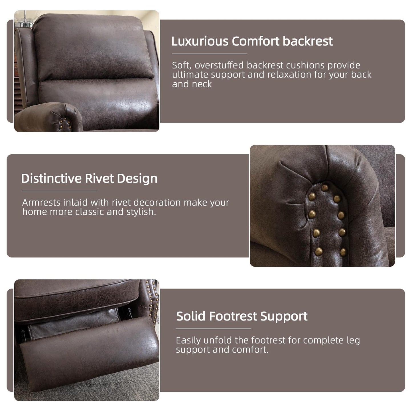 IOMOR Push Back Recliner Chair Faux Leather Lounge Armchair with Rivet Decoration Wingback Single Sofa Chair with Padded Seat Solid Wood Legs for Living Room, Comfy Upholstered, Red Brown