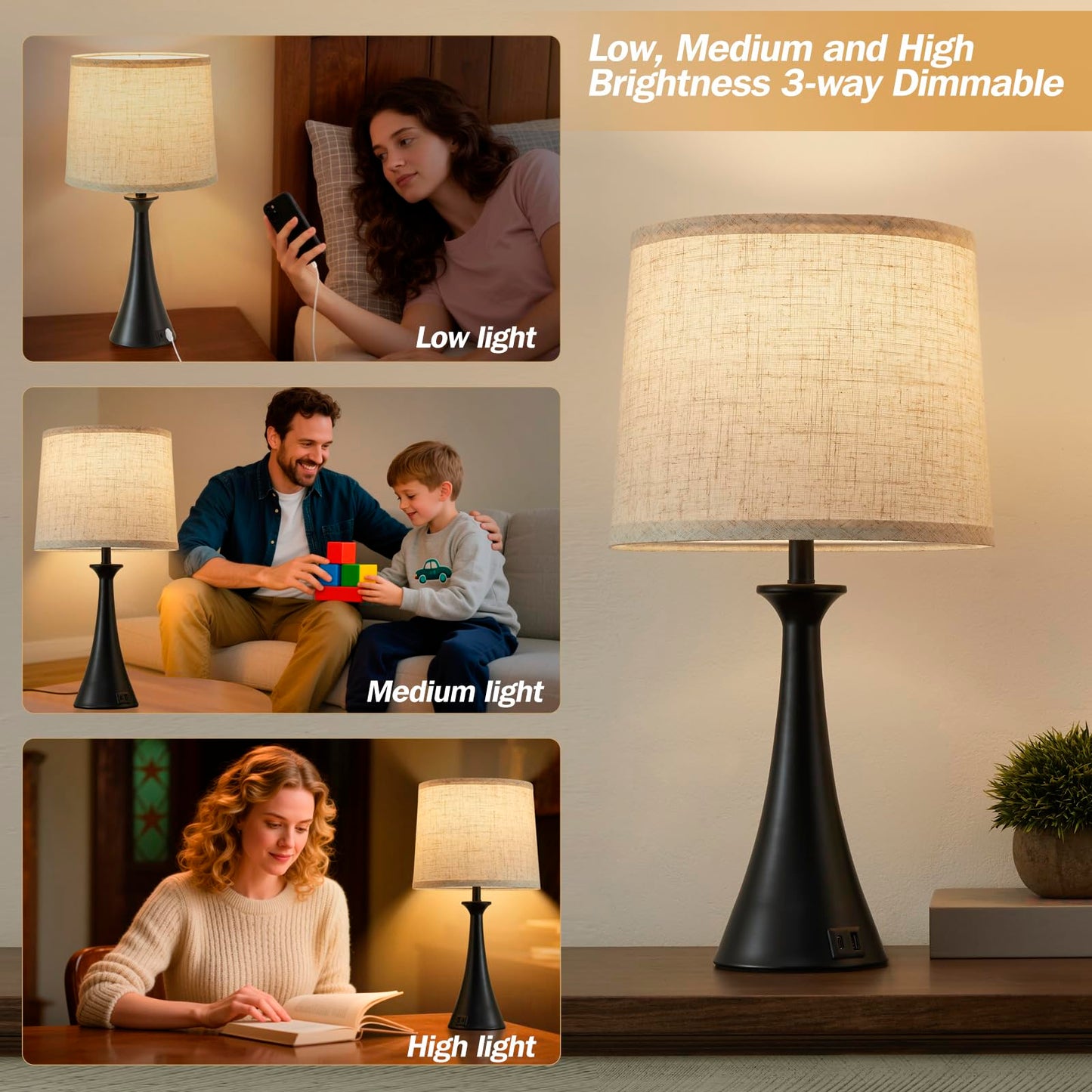 Touch Lamp for Living Room Bedroom, 21" Table Lamps Set of 2 with USB C+A Ports, Touch Bedside Lamps for Nightstand with 3 Way Dimmable, 2 LED Bulbs Included, Black