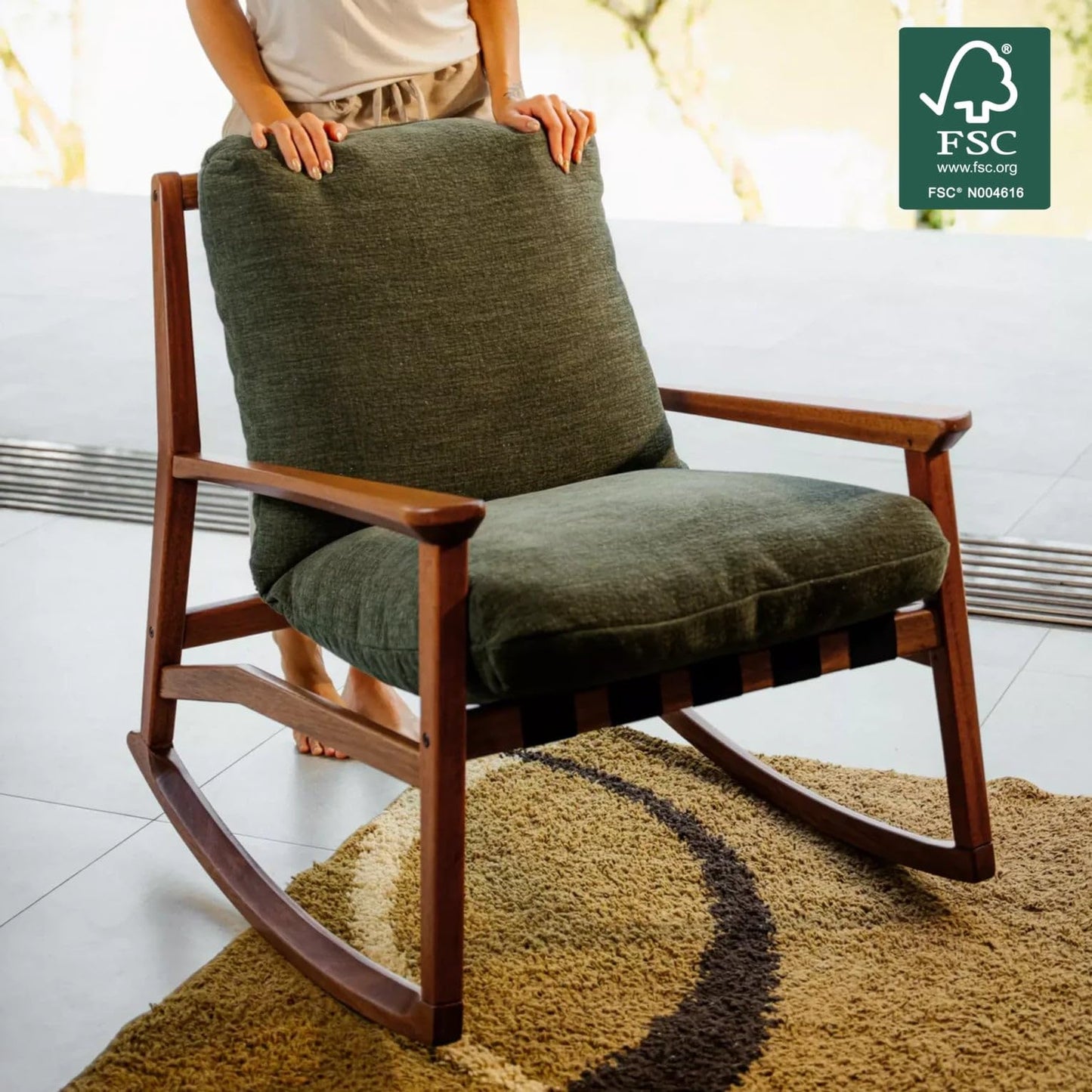 Grain Wood Furniture Solid Wood Mid Century Rocking Chair with Off-White Performance Boucle Cushions