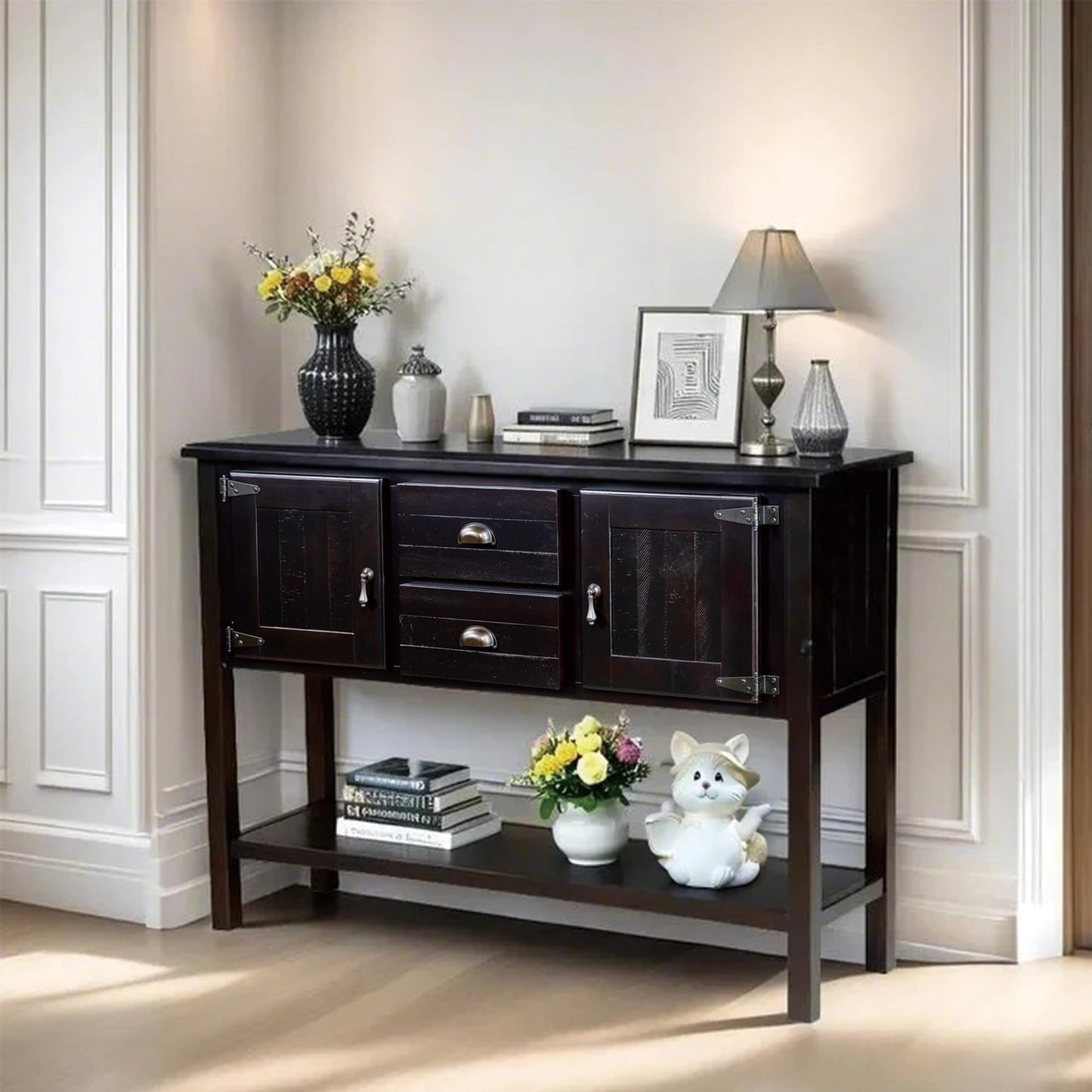 LKTART Farmhouse Sideboard Buffet Cabinet,Solid Wood Sideboard with Storage Drawers and Bottom Shelf,Coffee Bar for Entryway Hallway Foyer,Easy Assembled (46.5" Brown