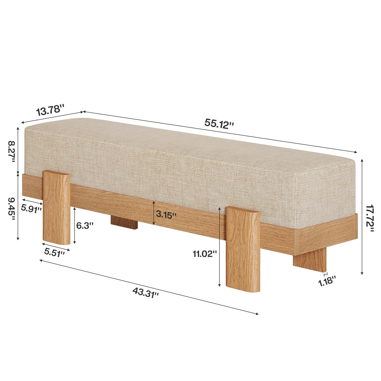 Tribesigns 55-Inch Upholstered Entryway Bench, Modern Shoe Bench with Ultra-Plush Thick Cushion and MDF Frame, End of Bed Stool Long Ottoman for Entrance, Living Room (Beige & Oak)