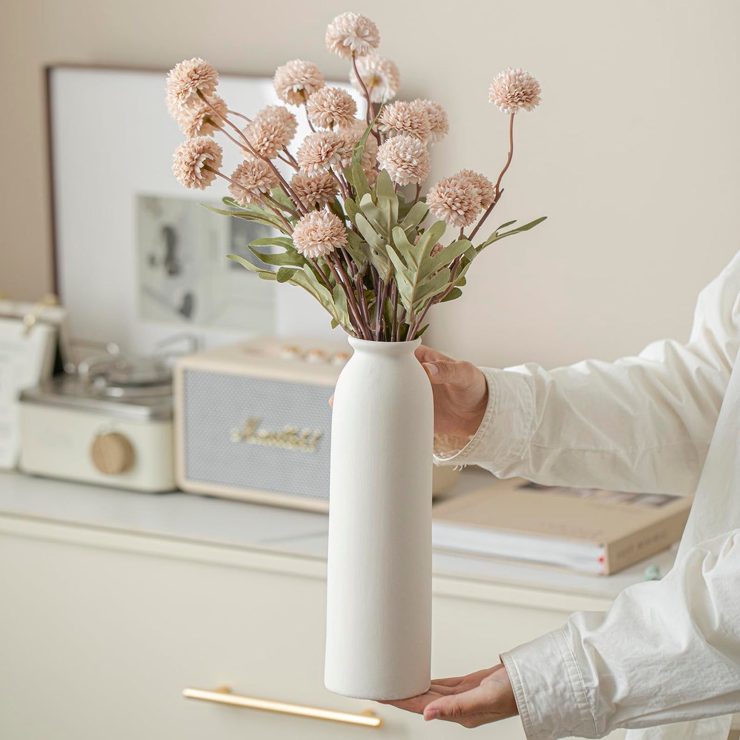 Ceramic Vase Set-3, Small Flower Vases for Decor, Modern Boho Farmhouse Style, Decorative Vases for Pampas Grass & Dried Flowers, Distressed Finish (Beige)
