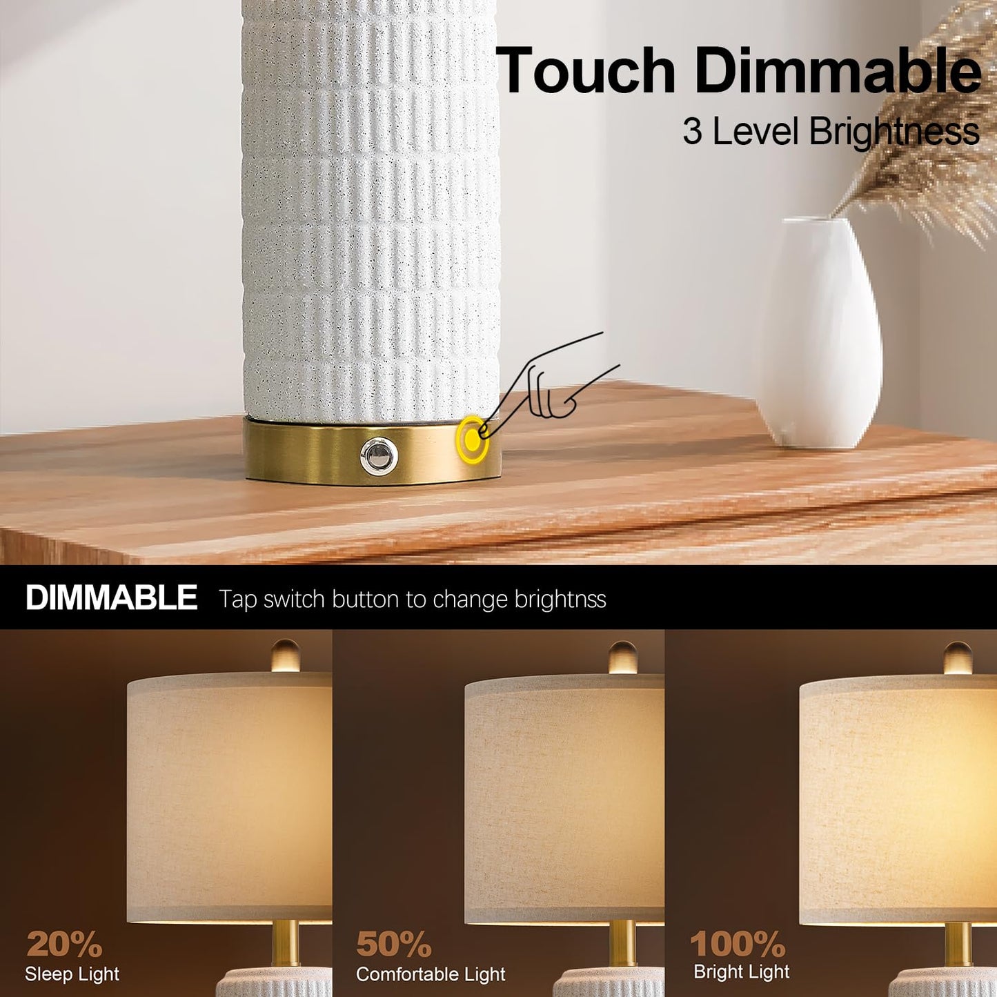 PoKat Touch Bedside Table Lamps with USB Ports for Bedroom Living Room, 25'' Dimmable Nightstand Touch Lamps for Living Room, Modern Ceramic Lamps for Night Stands Bedroom, Office, White and Beige