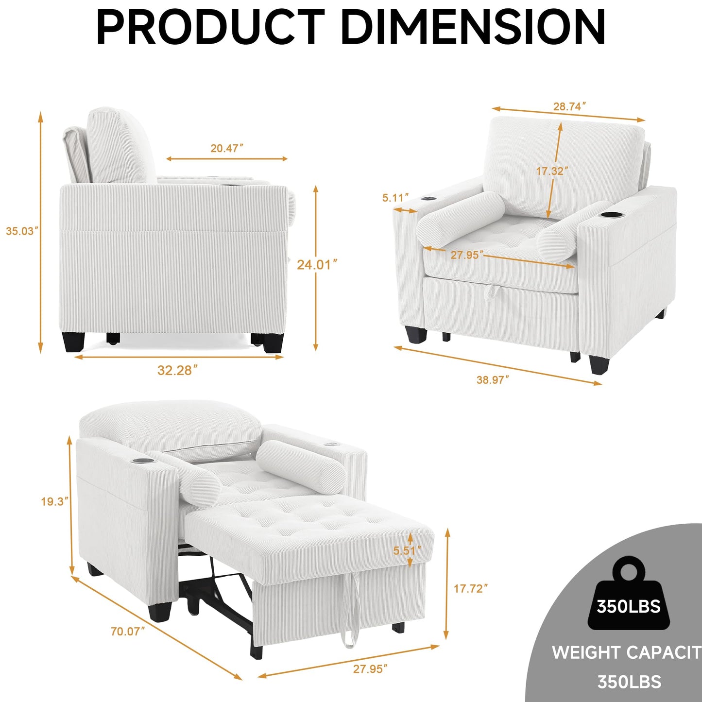 Sleeper Sofa Chair Bed, 3-in-1 Convertible Sleeper Chair with Pull Out Bed, Comfy Corduroy Sofa Bed Couch with Reclining Adjustable Backrest, USB Ports, Cup Holder, Side Pocket (Gray, 38.8")