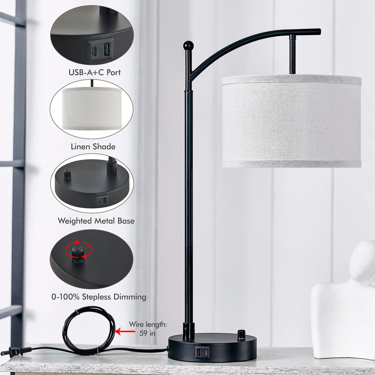 Table Lamp for Living Room Bedroom, 23.5" Table Lamps Set of 2 with USB C+A Ports, Bedside Lamps for Nightstand with Linen Lamp Shades, 2 Dimmable LED Bulbs Included, Black
