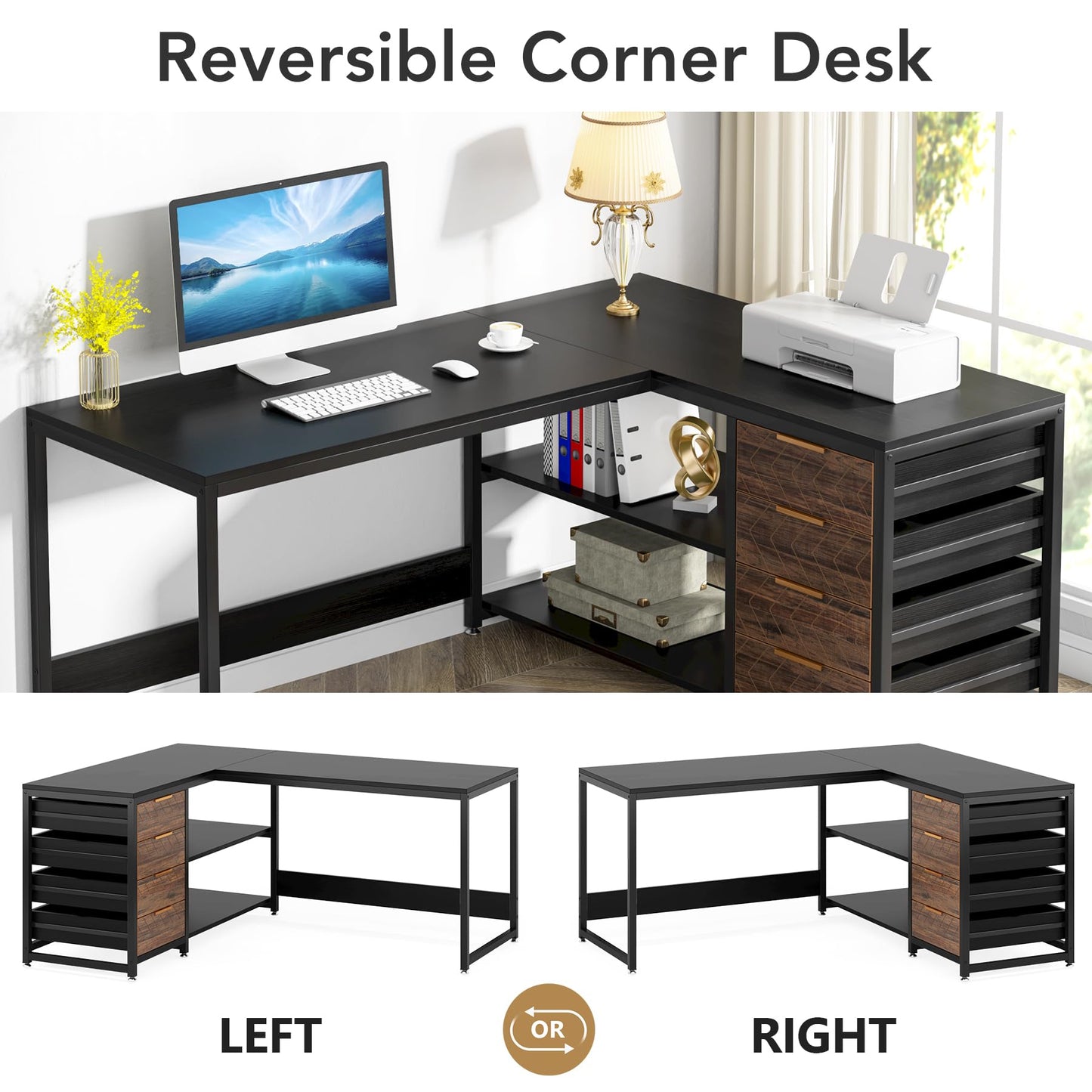 Tribesigns L Shaped Computer Desk with Storage Drawers, 59 inch Corner Desk with Shelves, Reversible L-Shaped Office Desk Study Writing Table Workstation for Home Office, Walnut & White