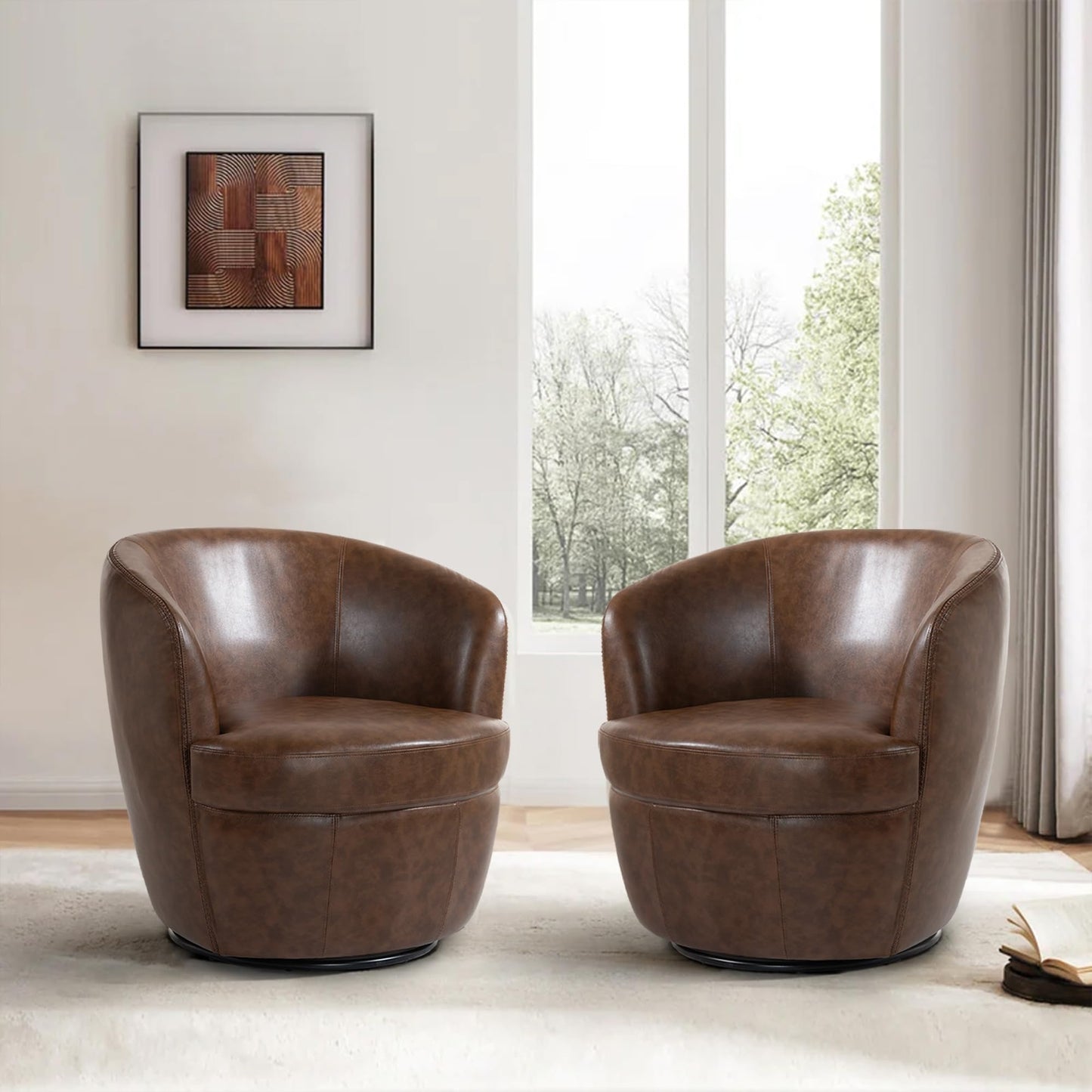 360° Swivel Barrel Accent Chair, Faux Leather Round Swivel Chair for Living Room, Comfy Upholstered Armchair Single Sofa Club Chair for Bedroom Reading Room, No Assembly Required - Light Brown