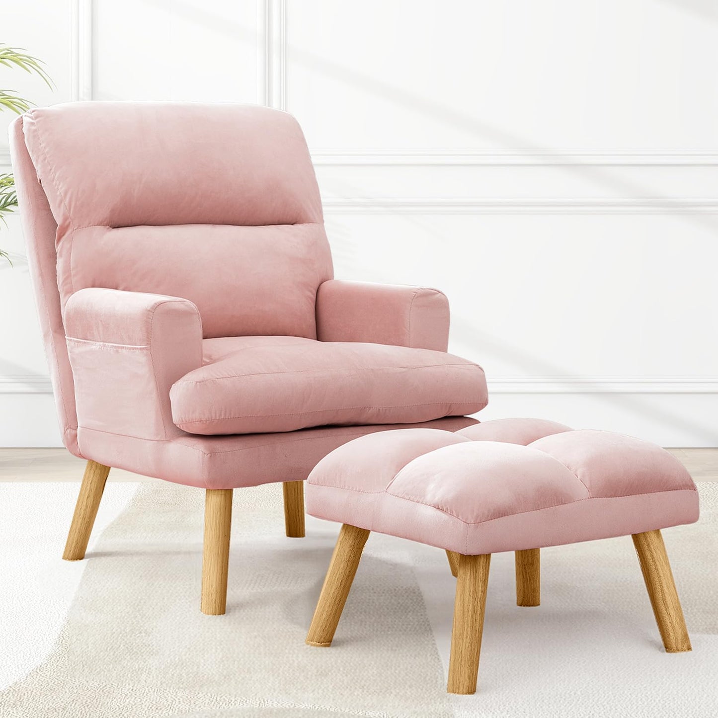 IOMOR Accent Chair with Ottoman Comfy Reading Chair Armchair with Adjustable Backrest and Side Pockets Soft Fabric Leisure Sofa for Bedroom, Living Room, Dorm Rooms, Garden, Beige