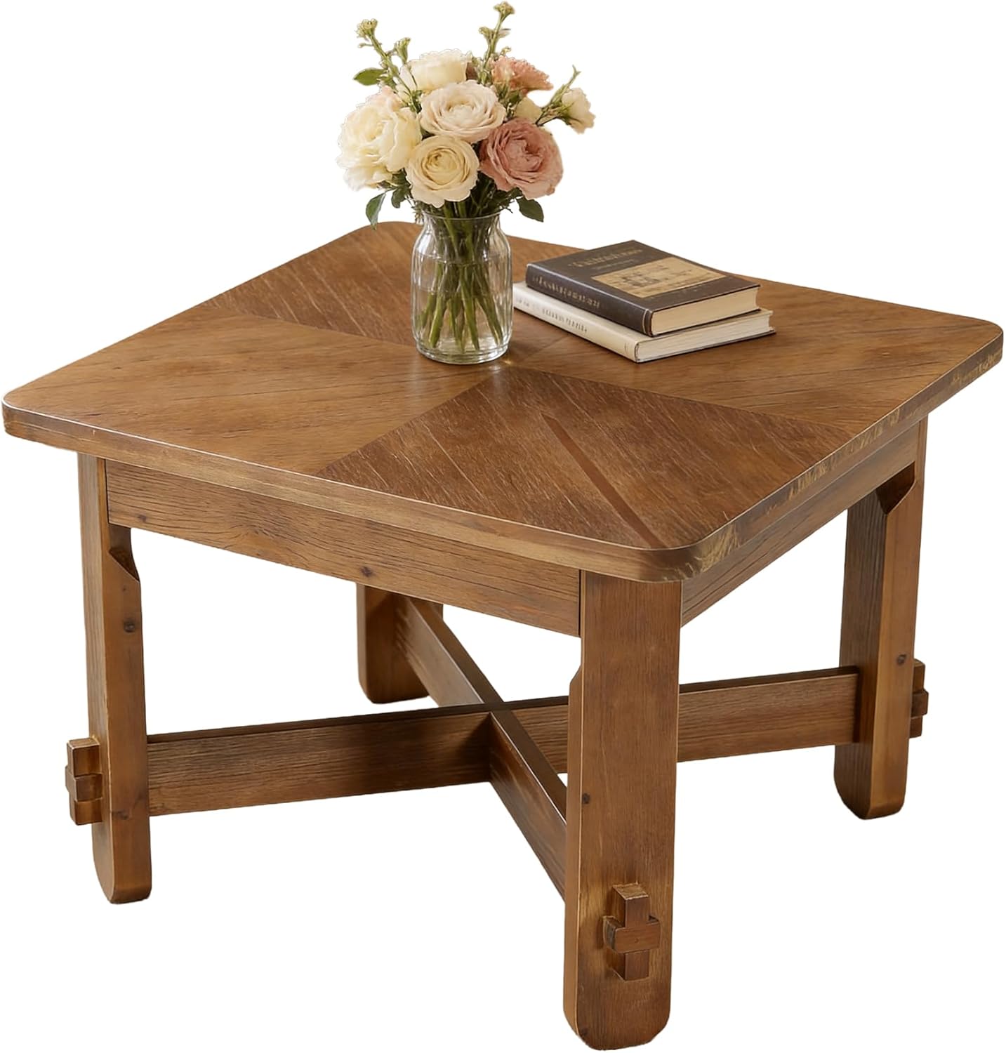 31.5" Square Coffee Table, Solid Wood Accent Center Table with Thick Tabletop and Sturdy Cross-braced Legs, Farmhouse Rustic Tea Cocktail Tables for Living Room, Apartment, Vintage Brown