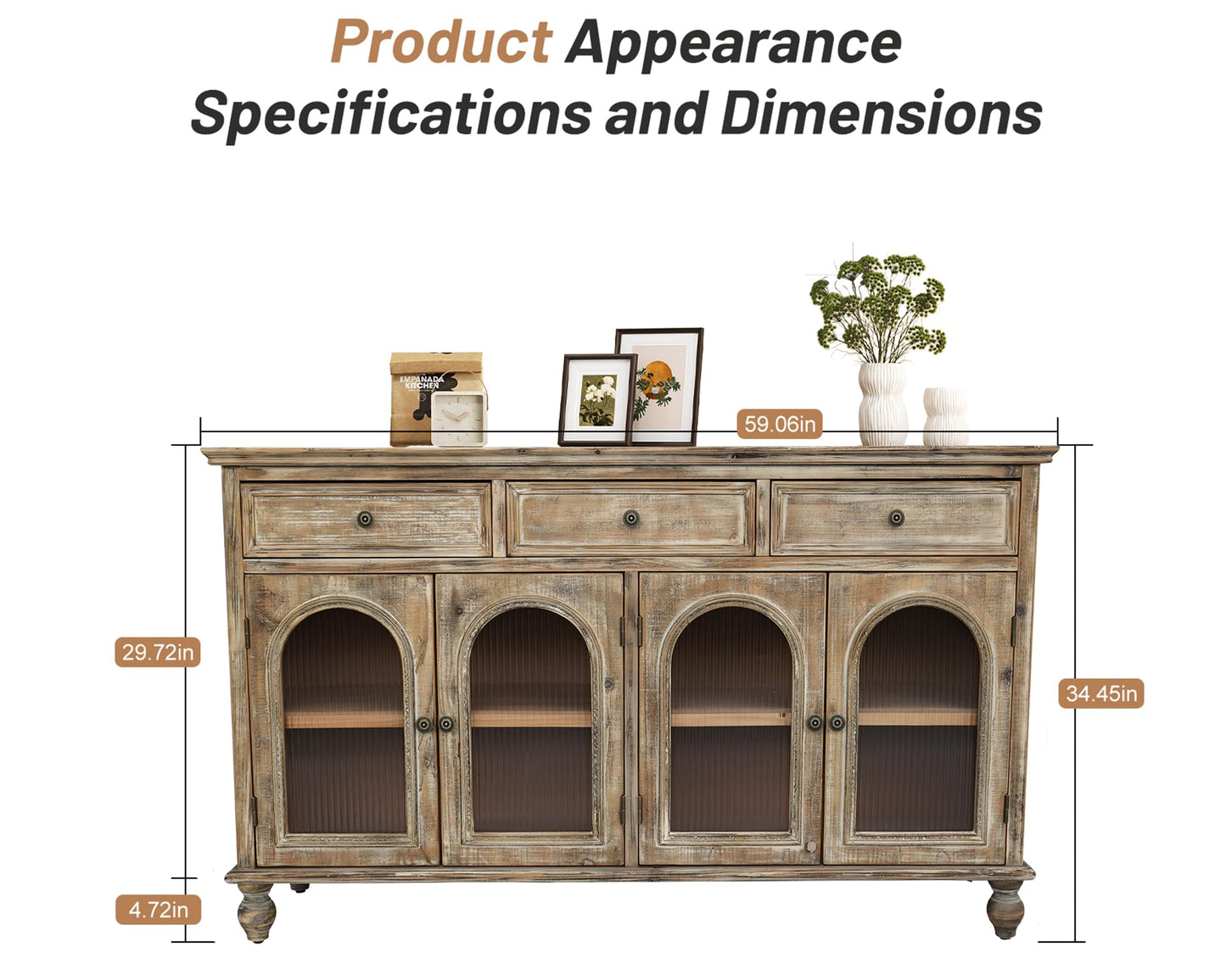 LKTART 60" Farmhouse Sideboard Buffet,Solid Fir Wood Frame with Hollowed-Out Carved Doors,Hand-Distressed Design,Versatile Storage Cabinet for Kitchen, Living Room,Natural Wood