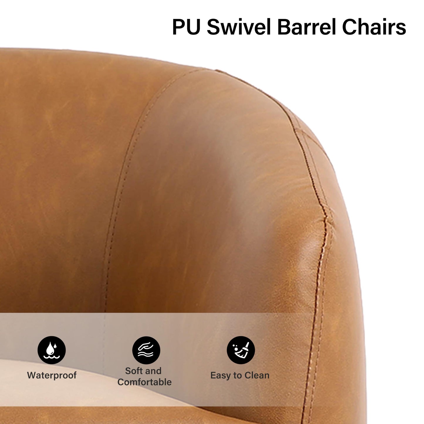 Faux Leather Swivel Barrel Chair, Modern Round Swivel Accent Chair with 360° Rotation, Upholstered Armchair Club Chair for Living Room Bedroom Office (Light Brown)