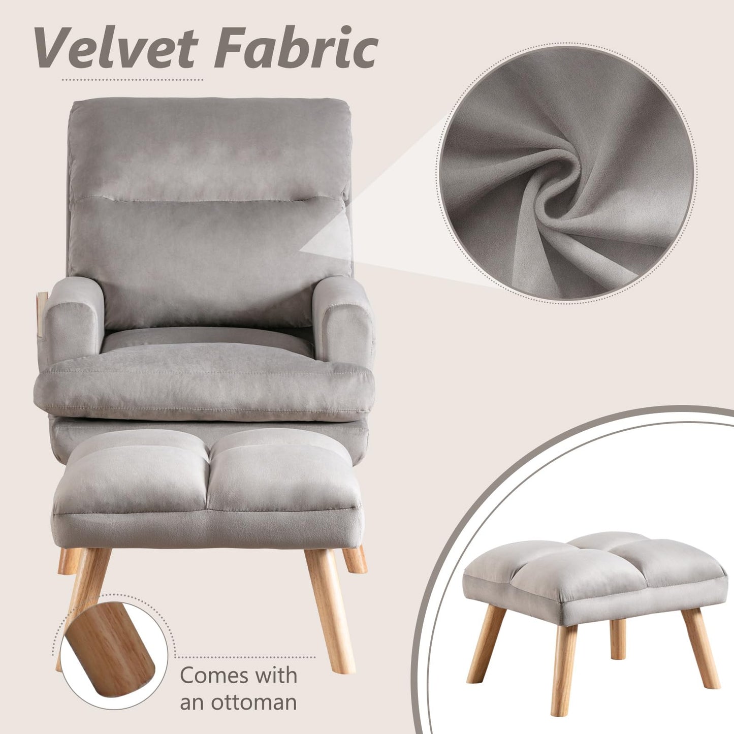 IOMOR Accent Chair with Ottoman Comfy Reading Chair Armchair with Adjustable Backrest and Side Pockets Soft Fabric Leisure Sofa for Bedroom, Living Room, Dorm Rooms, Garden, Beige