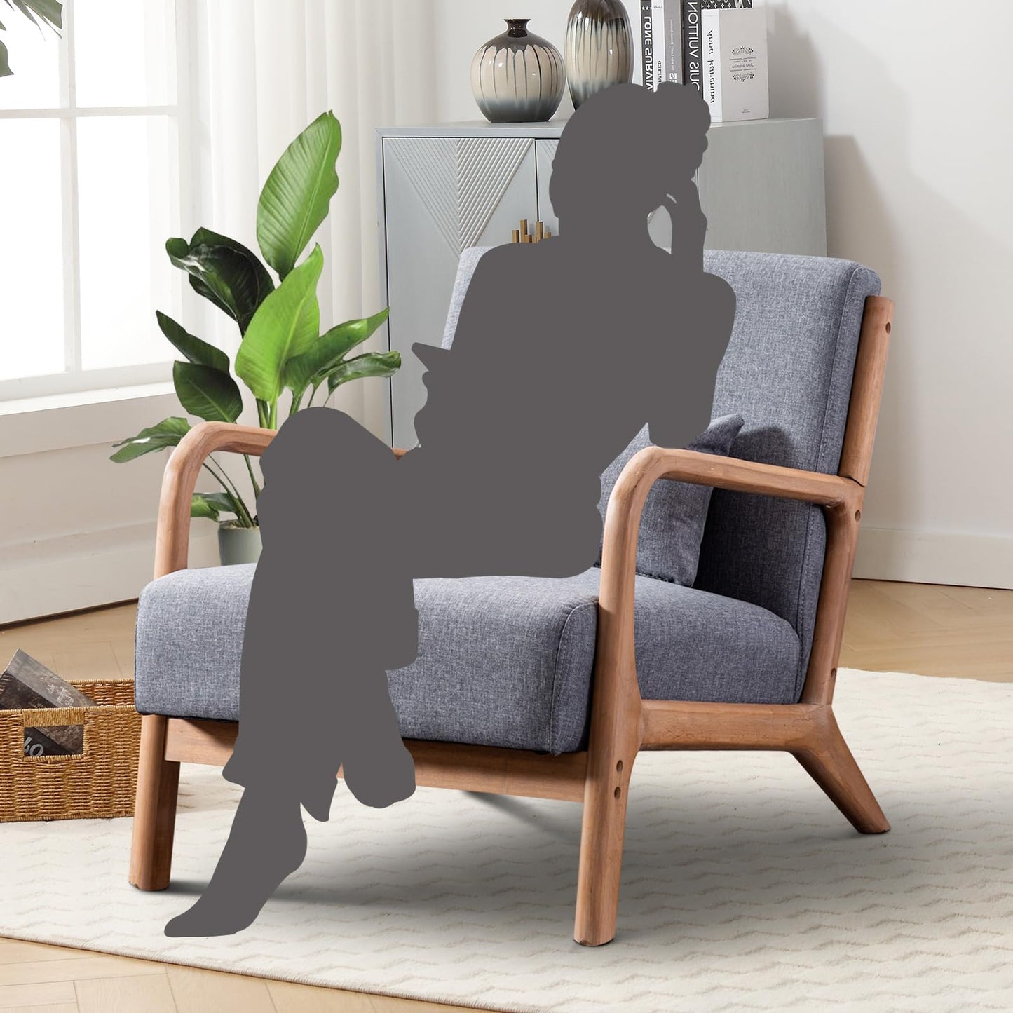 IOMOR Accent Chair Mid Century Modern Chair Linen Fabric Living Room Chairs with Solid Wood Frame Comfy Upholstered and Lumbar Pillow Reading Side Chair Easy Assembly for Bedroom Room (1, Linen Green)
