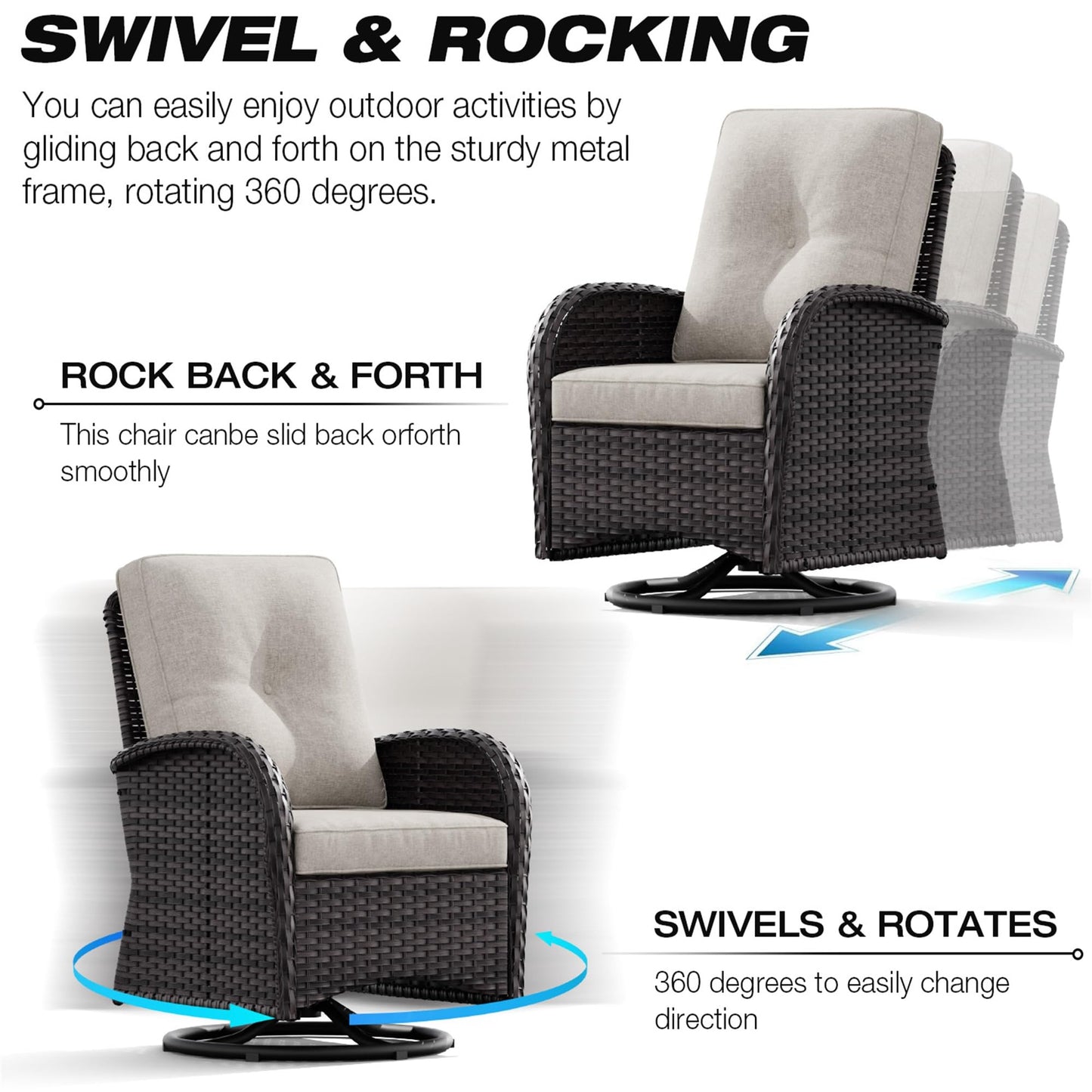 Joyside Patio Swivel Rocker Wicker Chairs - Outdoor Swivel Rocking Chairs Set of 2 with Wicker Side Table, Patio Swivel Rocker Chair 3 Piece Patio Furniture Sets for Porch Deck(Brown/Blue)