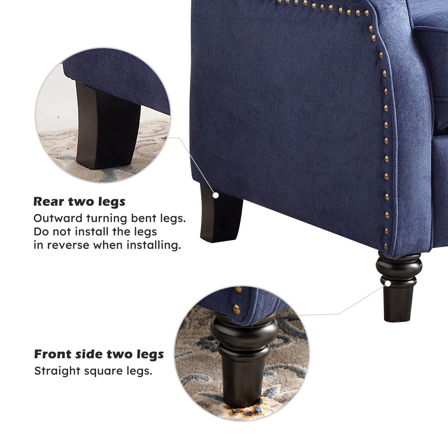IOMOR Push Back Recliner Chair Fabric Lounge Armchair Pushback Recliner with Rivet Decoration Wingback Single Sofa Chair with Padded Seat for Living Room, Bedroom (1, Navy)