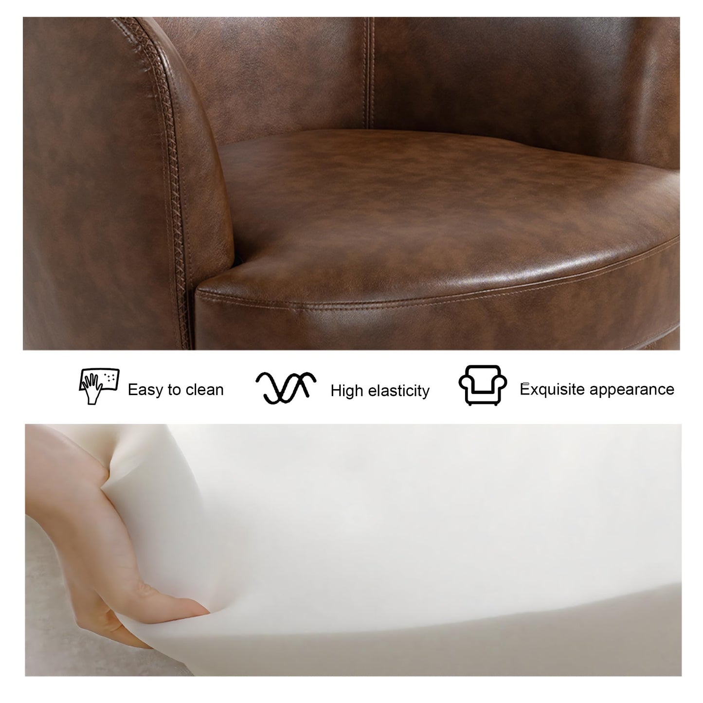 360° Swivel Barrel Accent Chair, Faux Leather Round Swivel Chair for Living Room, Comfy Upholstered Armchair Single Sofa Club Chair for Bedroom Reading Room, No Assembly Required - Light Brown