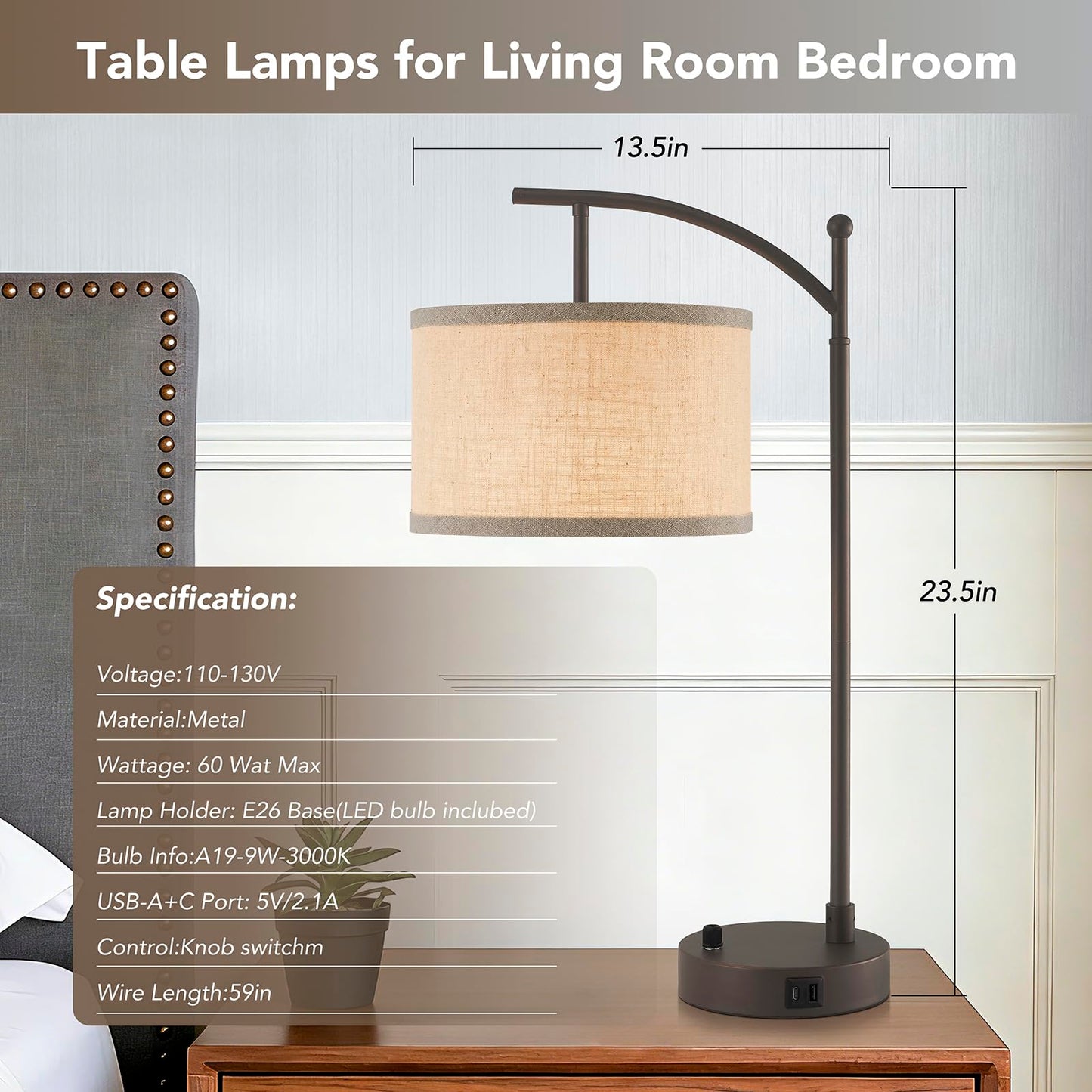 Table Lamp for Living Room Bedroom, 23.5" Table Lamps Set of 2 with USB C+A Ports, Bedside Lamps for Nightstand with Linen Lamp Shades, 2 Dimmable LED Bulbs Included, Black
