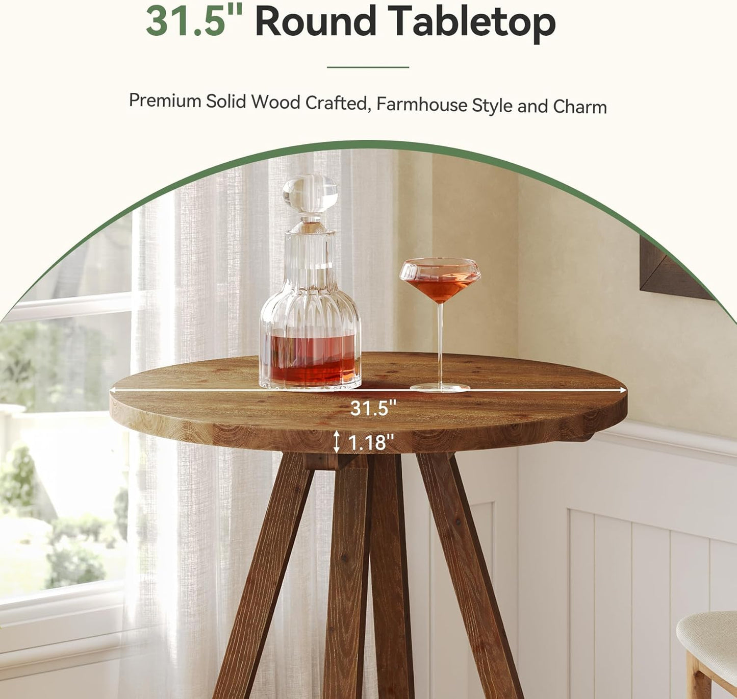 Solid Wood Bar Table, 31.5" Round Pub Bistro Table for Cafe, Dining Room, Kitchen, Living Room, Brown