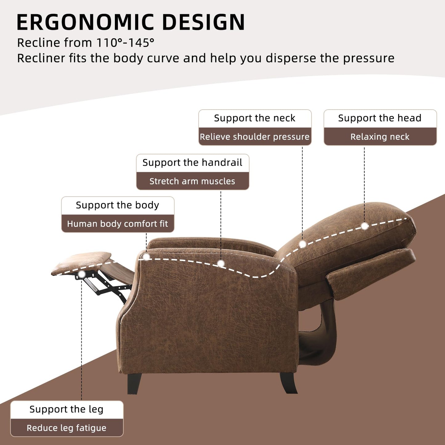 IOMOR Push Back Recliner Chair Faux Leather Lounge Armchair with Rivet Decoration Wingback Single Sofa Chair with Padded Seat Solid Wood Legs for Living Room, Comfy Upholstered, Red Brown