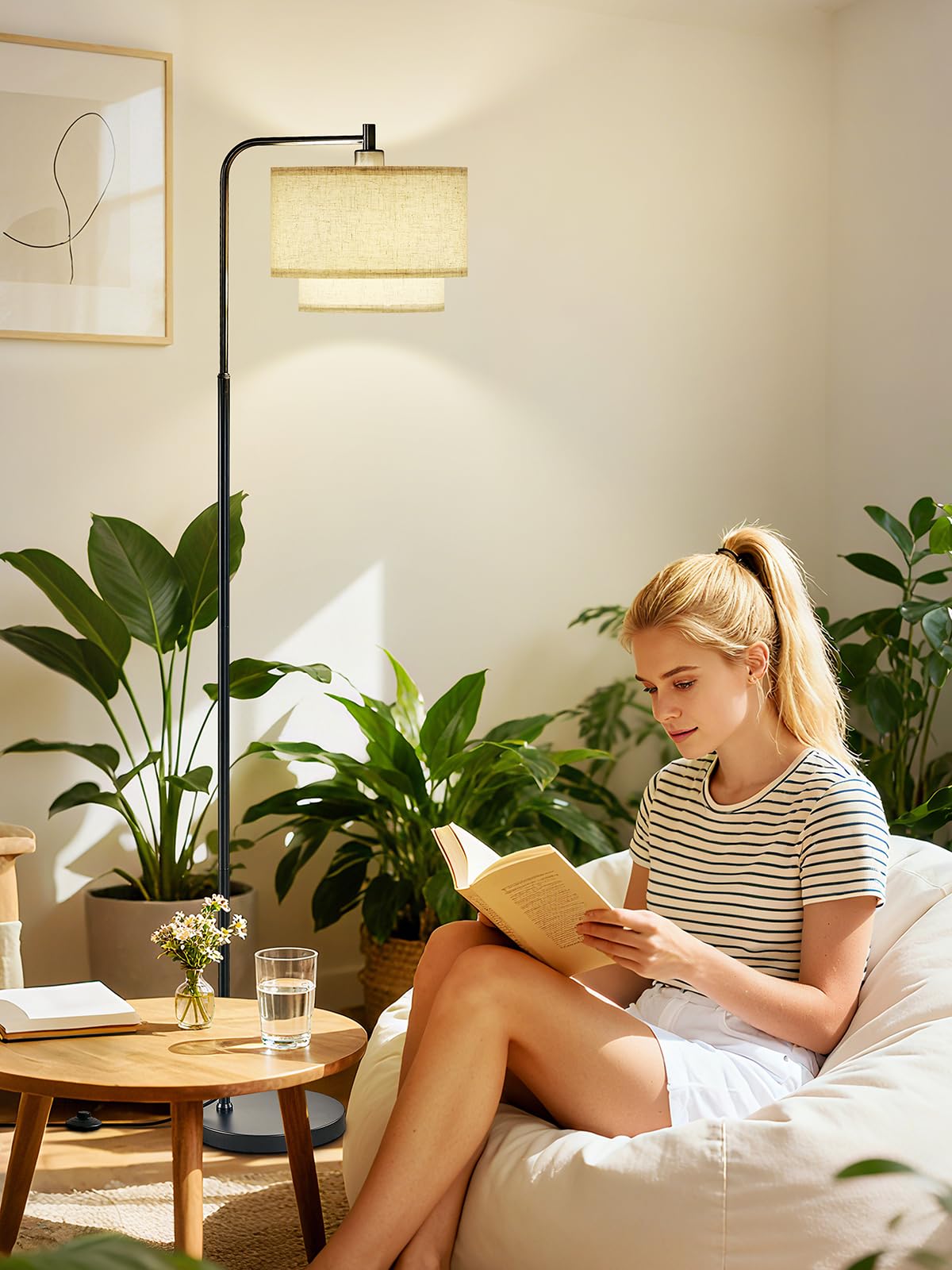 64" Modern Floor Lamp for Living Room Bedroom, Floor Lamp with 3 Color Temperatures, Standing Lamp with Double Oatmeal Linen Lampshade, Tall Lamp with A19 12W LED Bulb, Foot Switch Control, Black