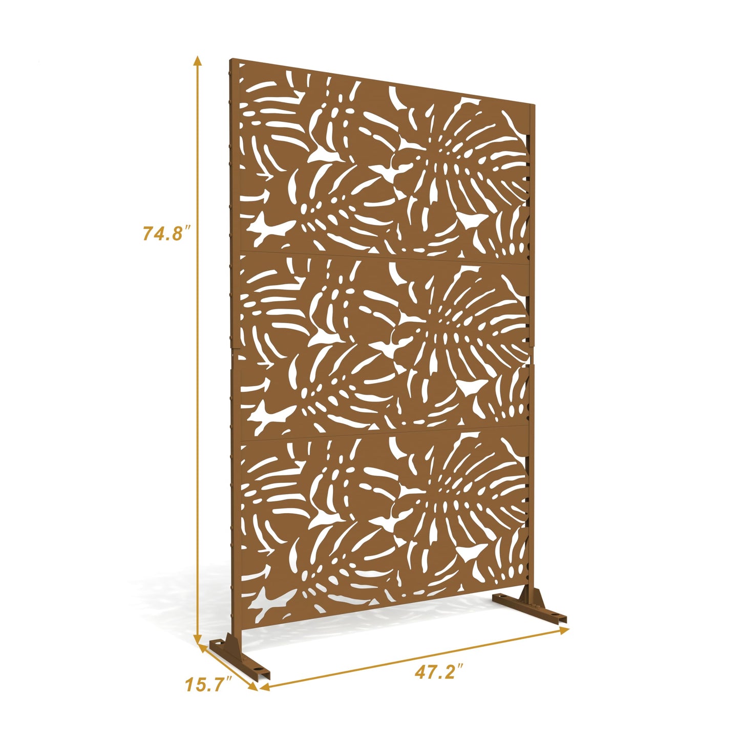 Outdoor Metal Privacy Screen with Stand, 72" H x 47" W Freestanding Outdoor Patio Divider, Decorative Patio Privacy Fence Panel for Garden Backyard Balcony Porch (Brown-Crossbanding)