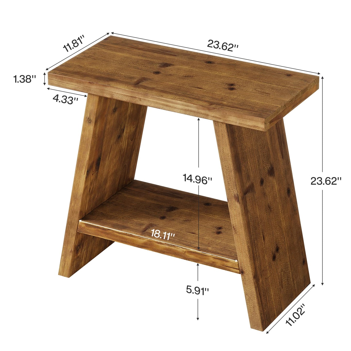 Solid Wood End Table for Living Room, Narrow Small Side Table with 2-Tier Storage, Farmhouse Bedside Nightstand for Bedroom, Small Places, Rustic Brown (1PCS)