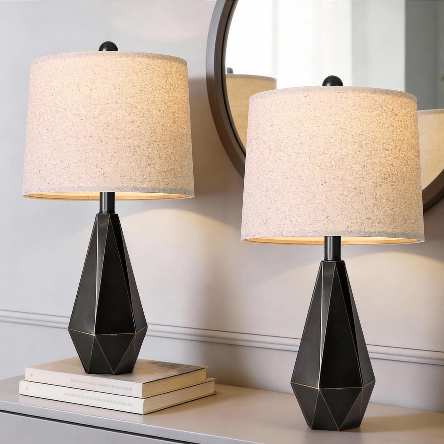 PoKat 23.5'' Table Lamps Set of 2 for Bedroom, Farmhouse Nightstand Lamps for Living Room, Rustic Bedside Lamps with Linen Lampshade for Side Table Office Hallway Entryway Dark Wood-Like (Brown)