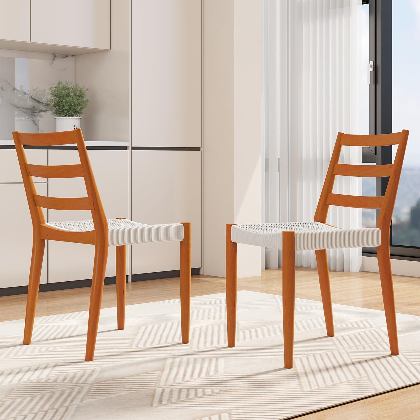 IOMOR Dining Chairs Set of 4, Modern Kitchen Chairs with Woven Seat and Solid Wood Legs for Dining Room, Kitchen Table Chairs with Solid Wood Legs(Beige)
