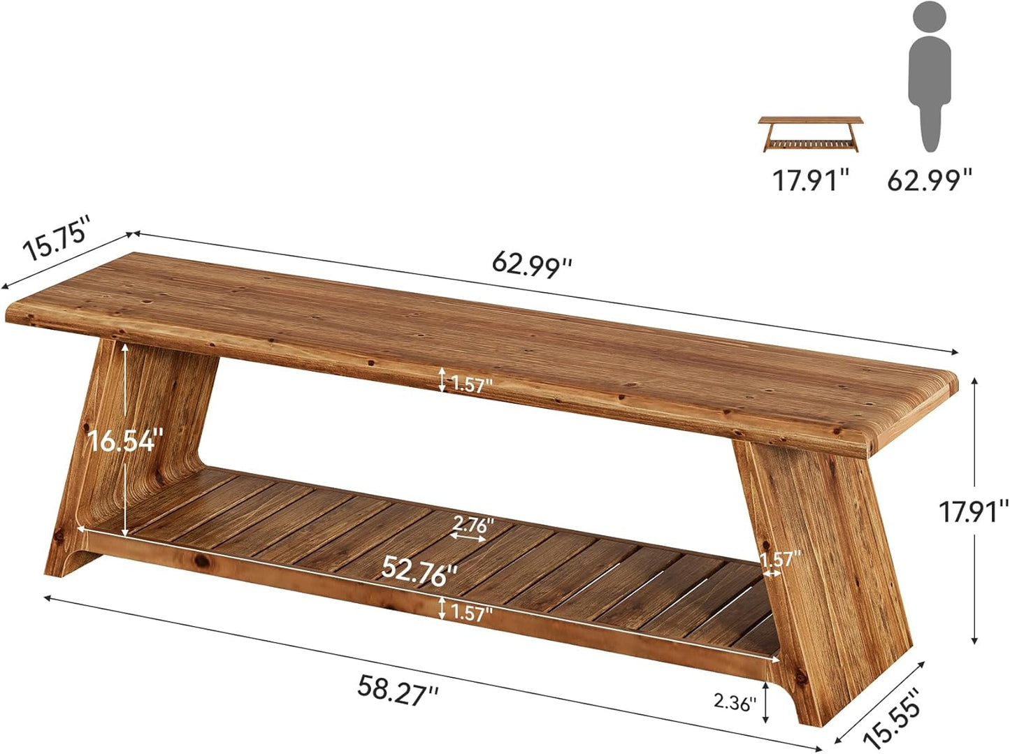 63-Inch Long Solid Wood Entryway Bench, Farmhouse Narrow Shoe Bench Seat, End of Bed with Storage for Entry, Hallway, Indoor, Living Room, Dark Walnut Brown