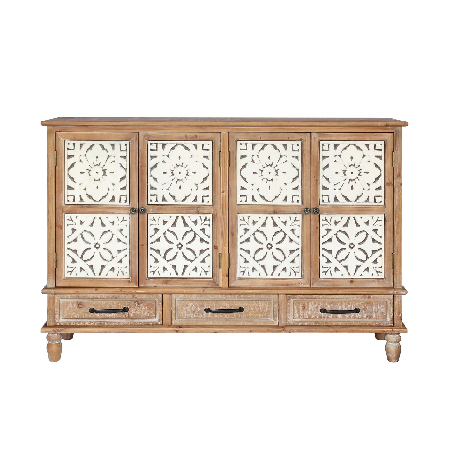 LKTART 60" Farmhouse Sideboard Buffet,Solid Fir Wood Frame with Hollowed-Out Carved Doors,Hand-Distressed Design,Versatile Storage Cabinet for Kitchen, Living Room,Natural Wood