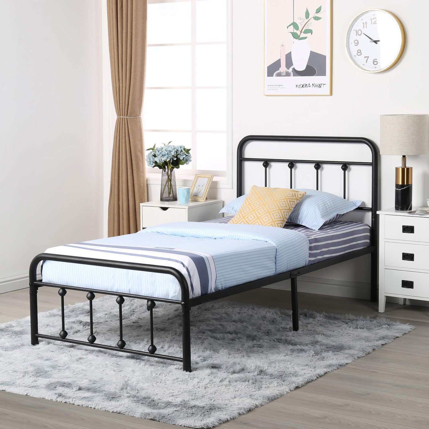 VECELO King Size Victorian Style Metal Bed Frame with Headboard/Mattress Foundation/No Box Spring Needed/Under Bed Storage and Strong Slat Support Purple Bronze
