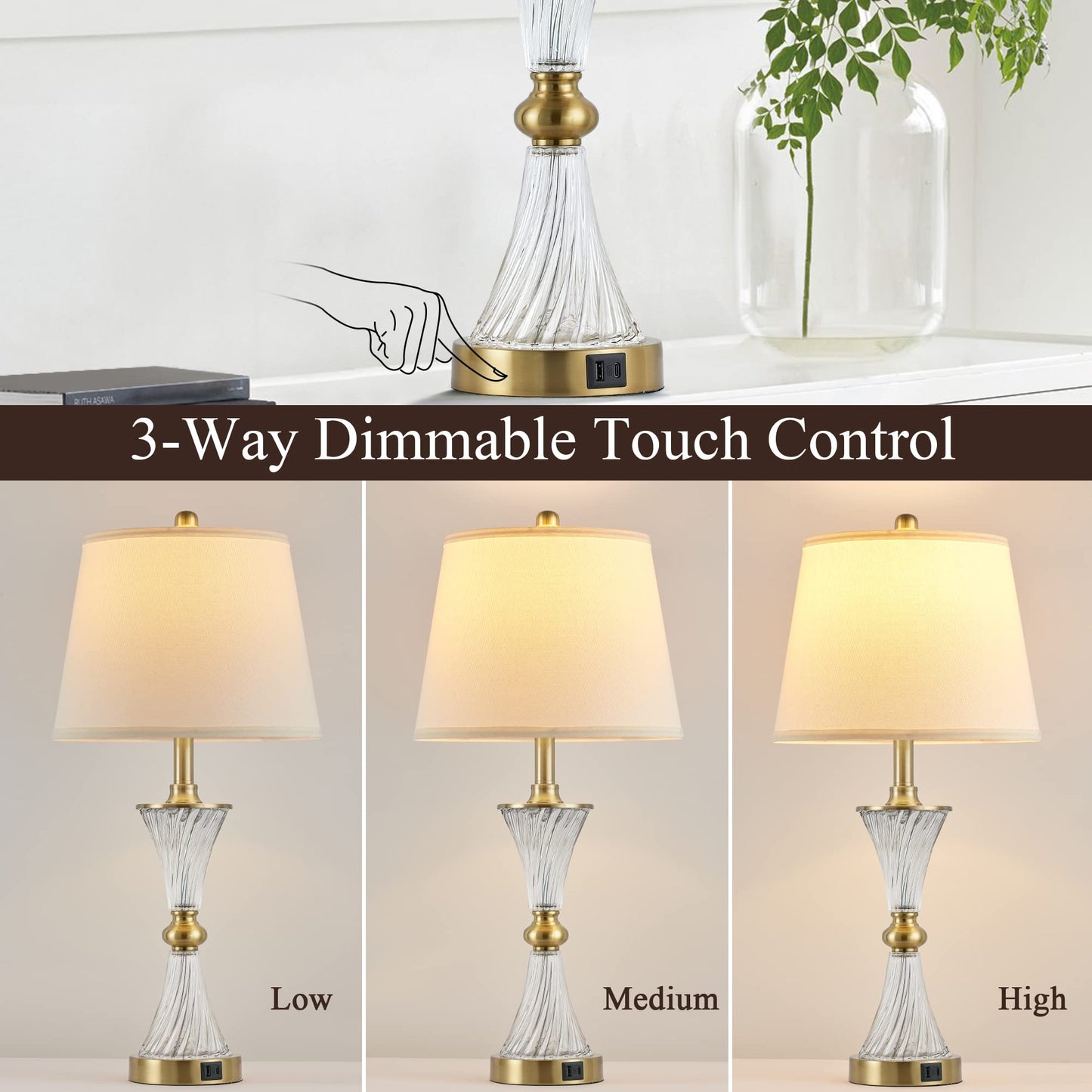 27" Bedroom Lamps Set of 2, Gold Glass Touch Lamps with USB C+A Ports, 3-Way Dimmable Light Fixture for Nightstand, Modern Table Side Lighting for Living Room, 2 Bulbs Included