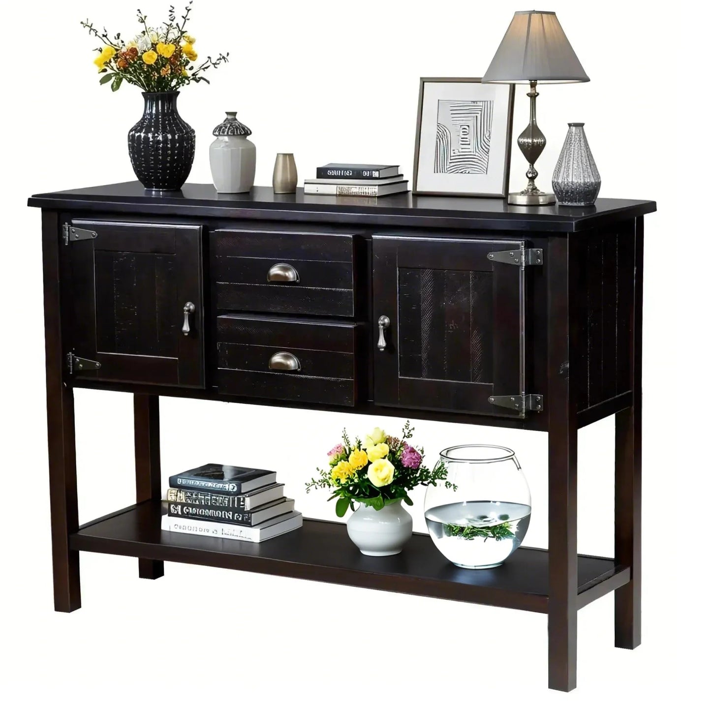 LKTART Farmhouse Sideboard Buffet Cabinet,Solid Wood Sideboard with Storage Drawers and Bottom Shelf,Coffee Bar for Entryway Hallway Foyer,Easy Assembled (46.5" Brown