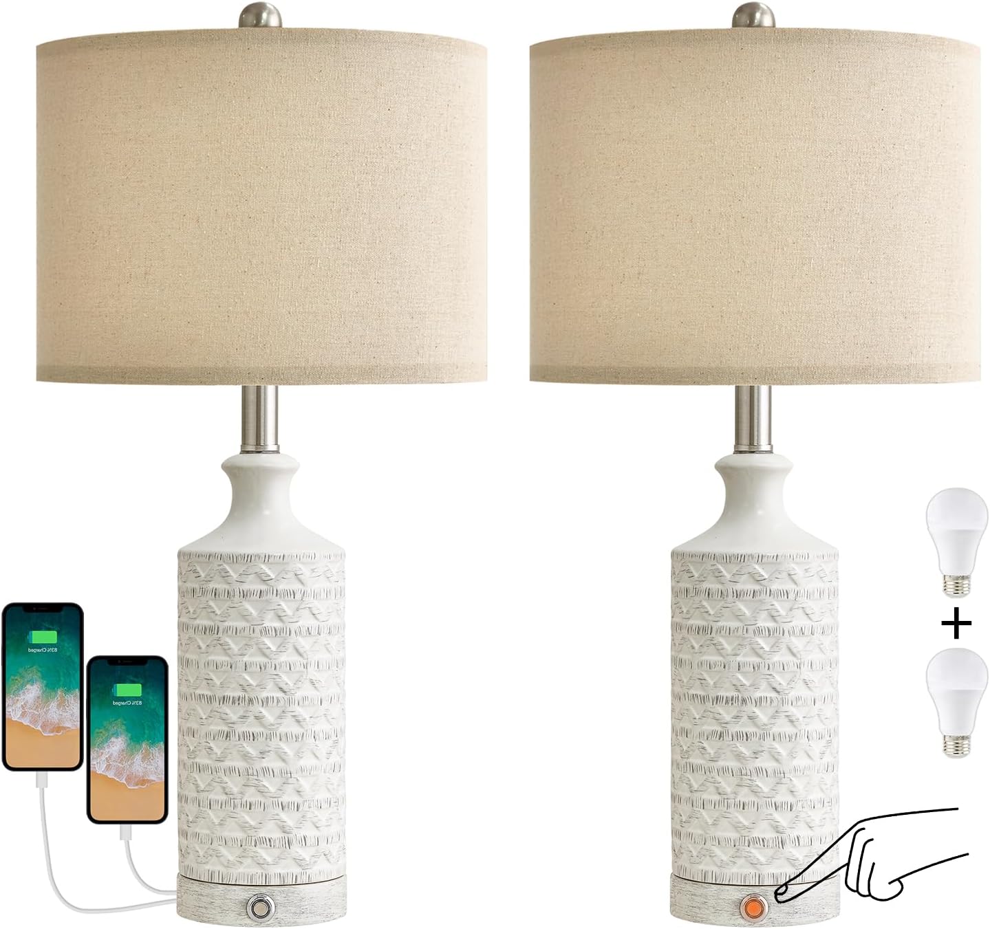 PoKat 24" Modern Contemporary Ceramic Lamp Set of 2 for Living Room White Desk Decor Lamps for Bedroom Farmhouse Bedside Nightstand End Table Lamps, White and Grey