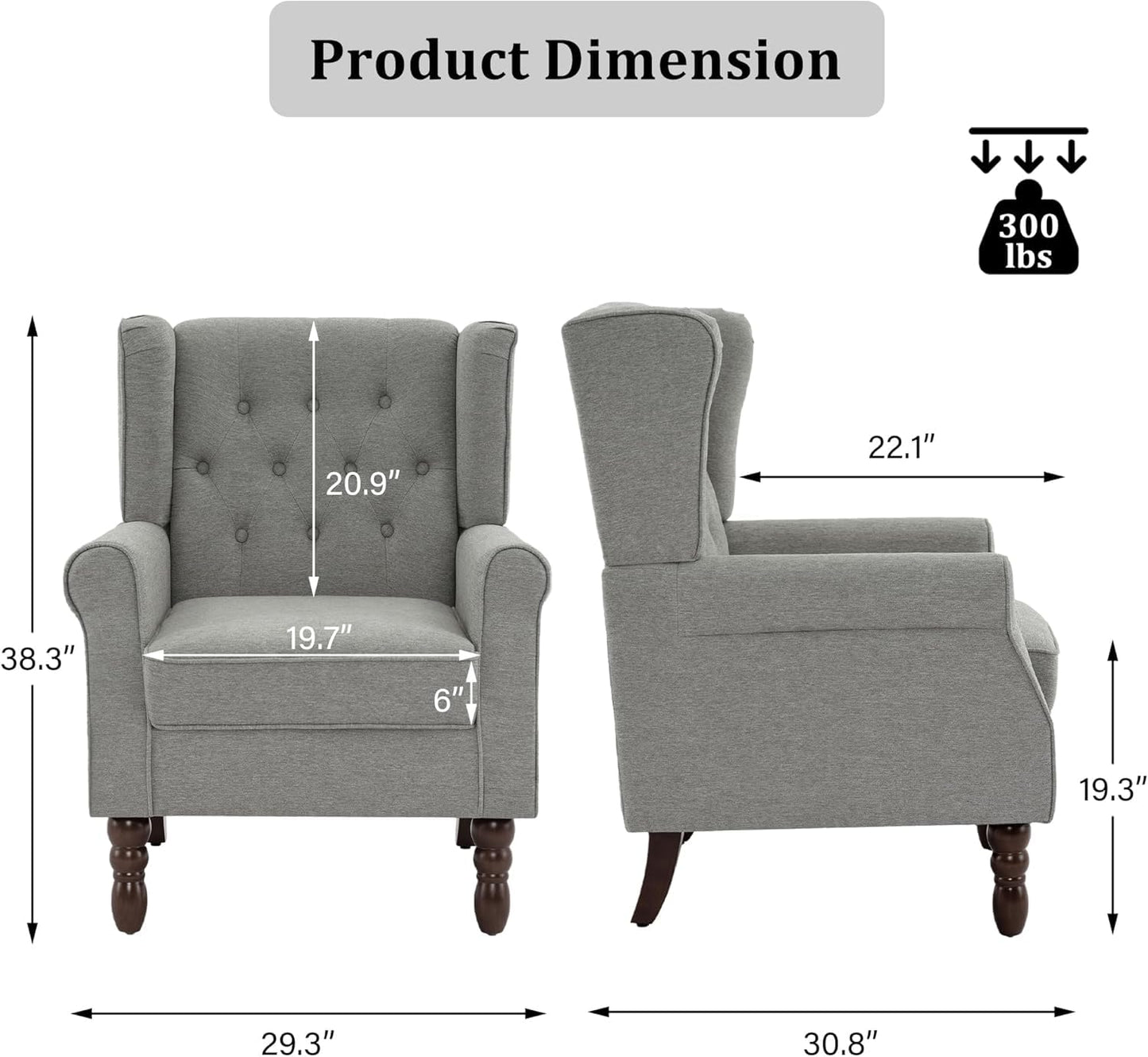 Faux Leather Wingback Chairs Set of 2, High Back Accent Chair for Living Room, Button-Tufted Upholstered Armchair with Solid Wood Legs, Comfy Reading Chair for Bedroom, Brown