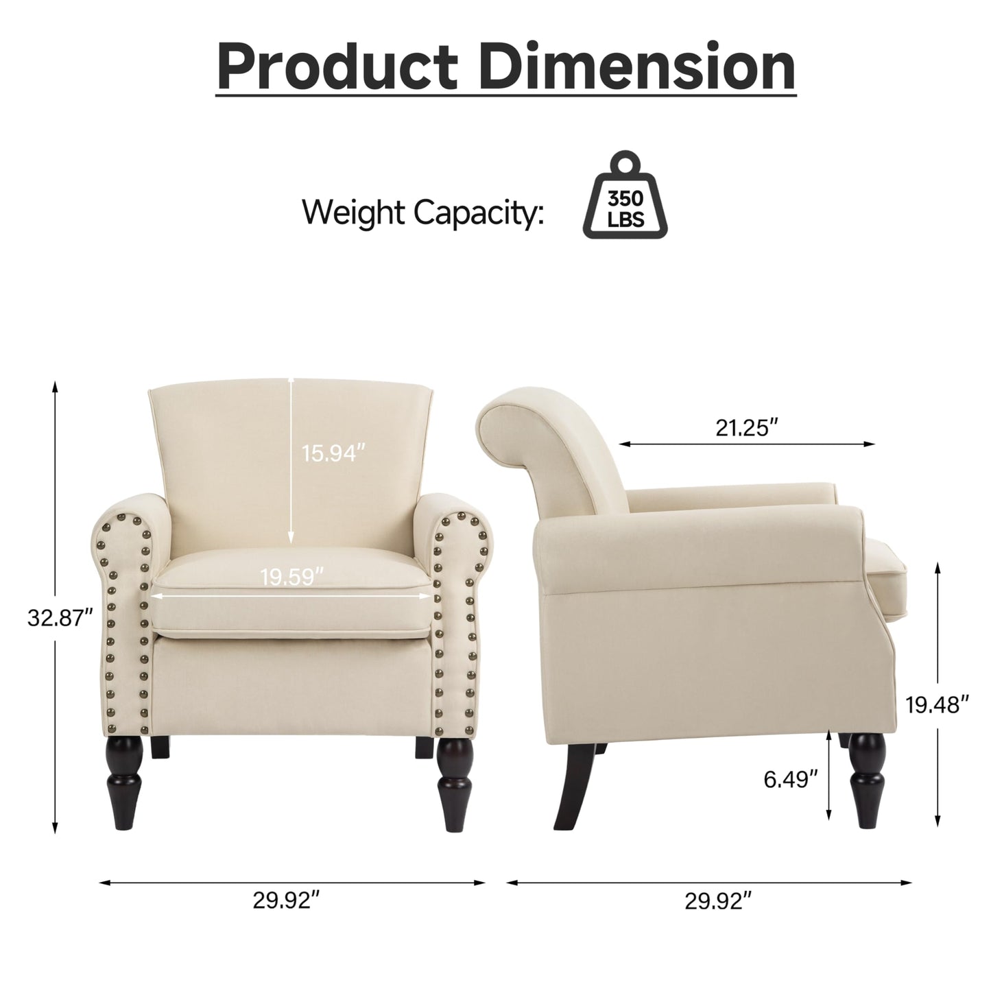 Wingback Accent Chairs Set of 2, Mid-Century Modern Upholstered Armchair Living Room Chair with Nailhead Trim & Rolled Armrest, Comfy Lounge Chair Single Sofa Chair for Bedroom, Light Blue