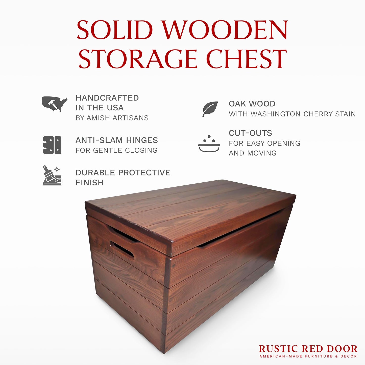 Wooden Storage Chest Trunk Box with Lid and Handles. Handmade, Rustic, Oak Wood, Cherry Stain, 30"